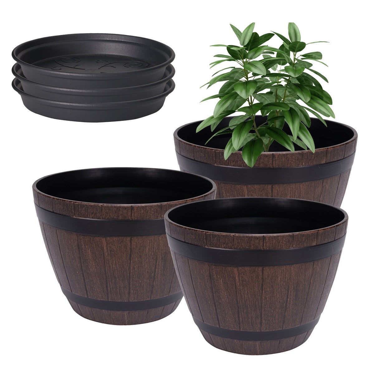 Javlergo 13 inch Planter (3 Pack), Plastic Imitation Whiskey Barrel Planter Decoration Flower Pots with Drainage Holes & Saucer