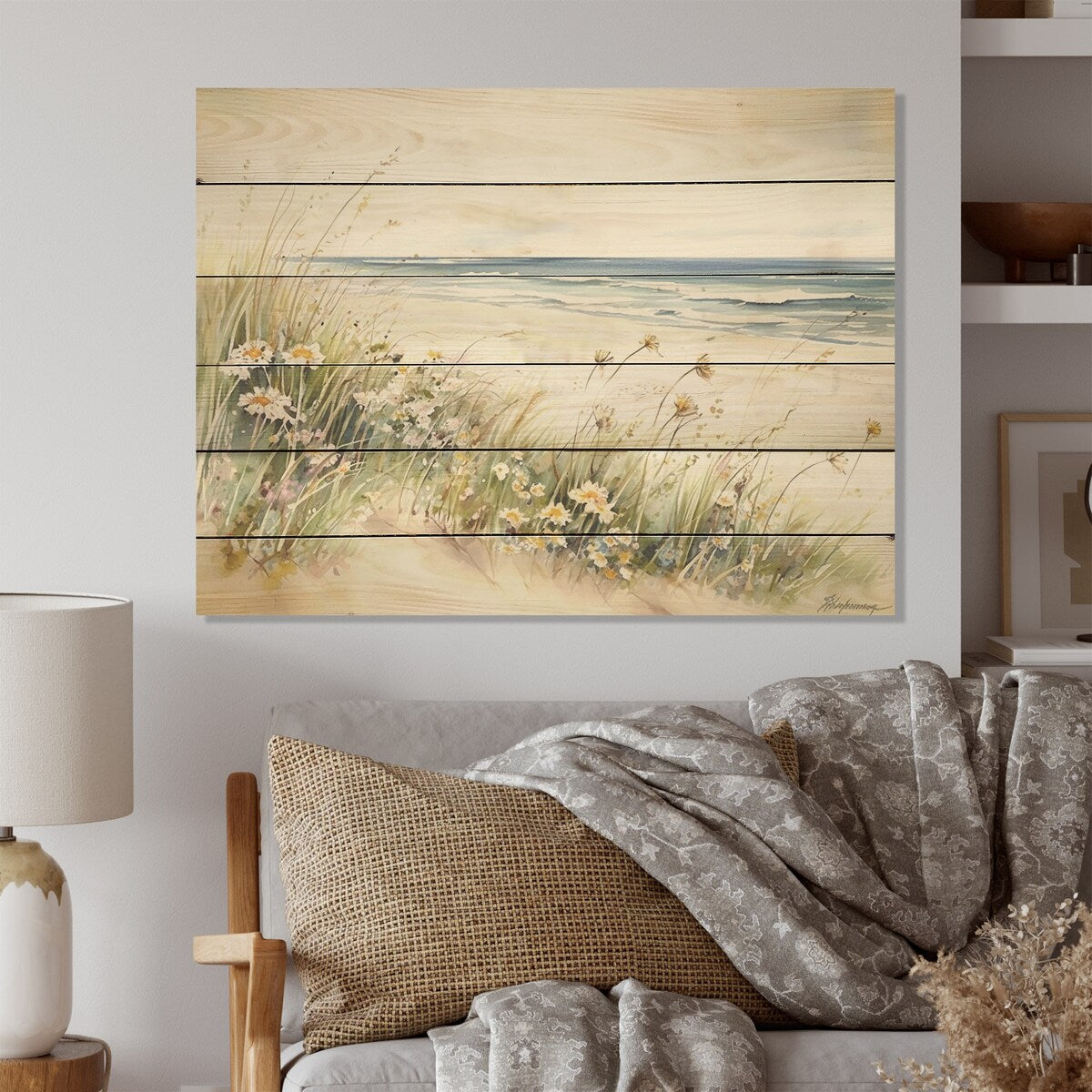 Designart Wildflowers on the beach Wildflowers Wood Wall Decor - Traditional Green Wood Panel On Natural Pine Wood