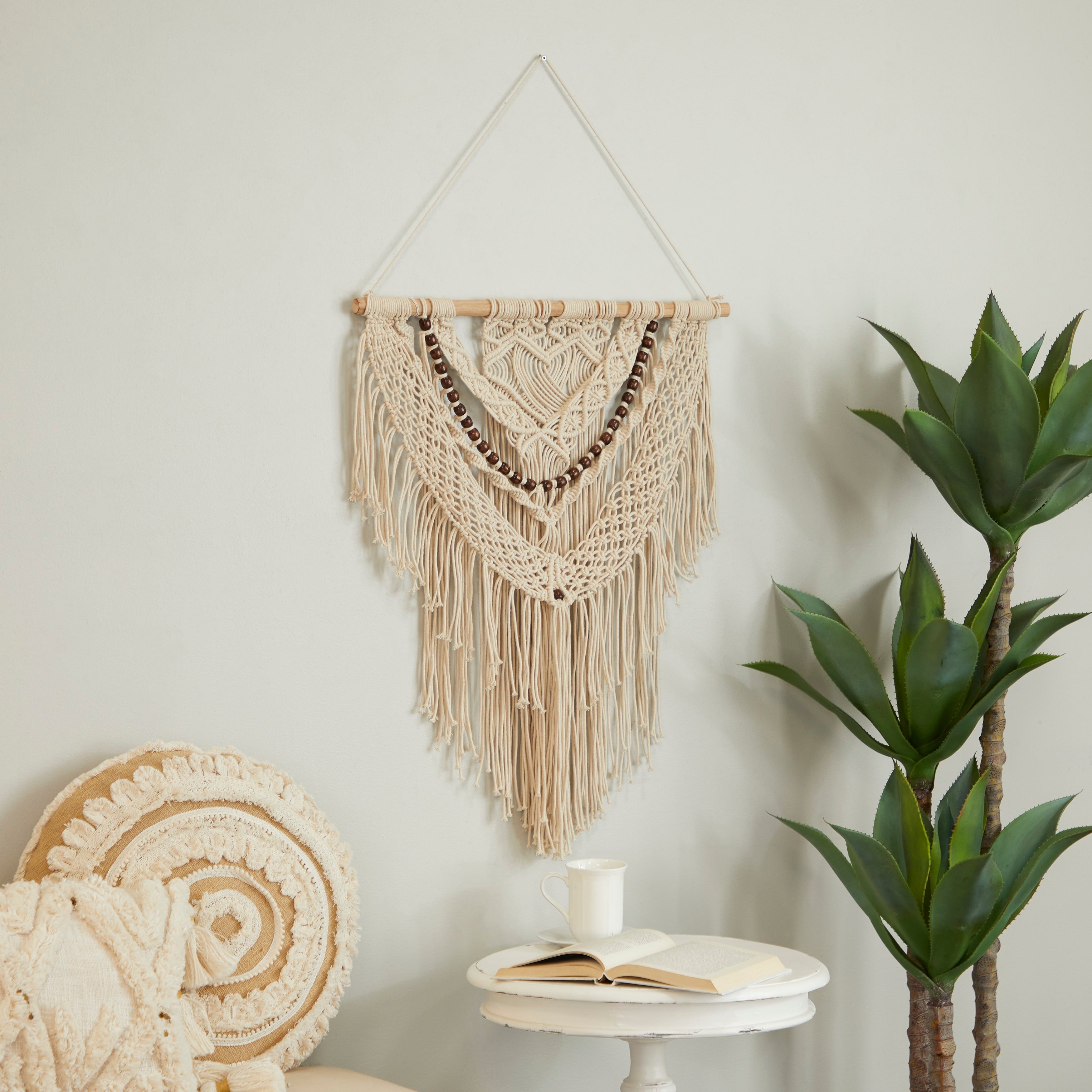 Cotton Handmade Intricately Weaved Macrame Wall Decor with Beaded Fringe Tassels - Gray or Cream