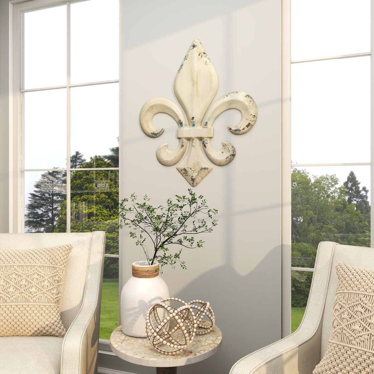 Metal Fleur De Lis Home Wall Decor with Blue and Brown Distressing - White - Roche River Decor