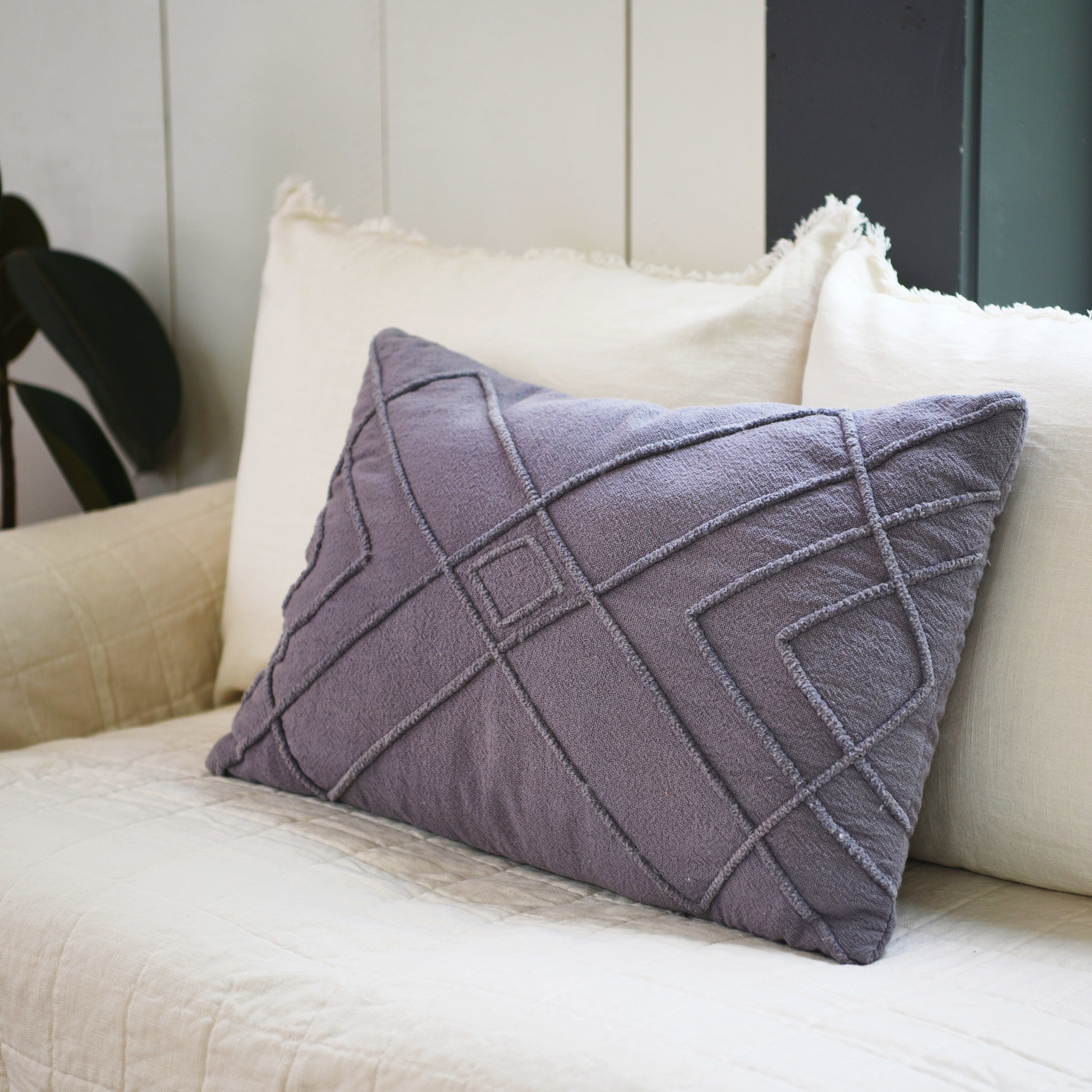 Embroidered Cotton Geometric Lumbar Pillow