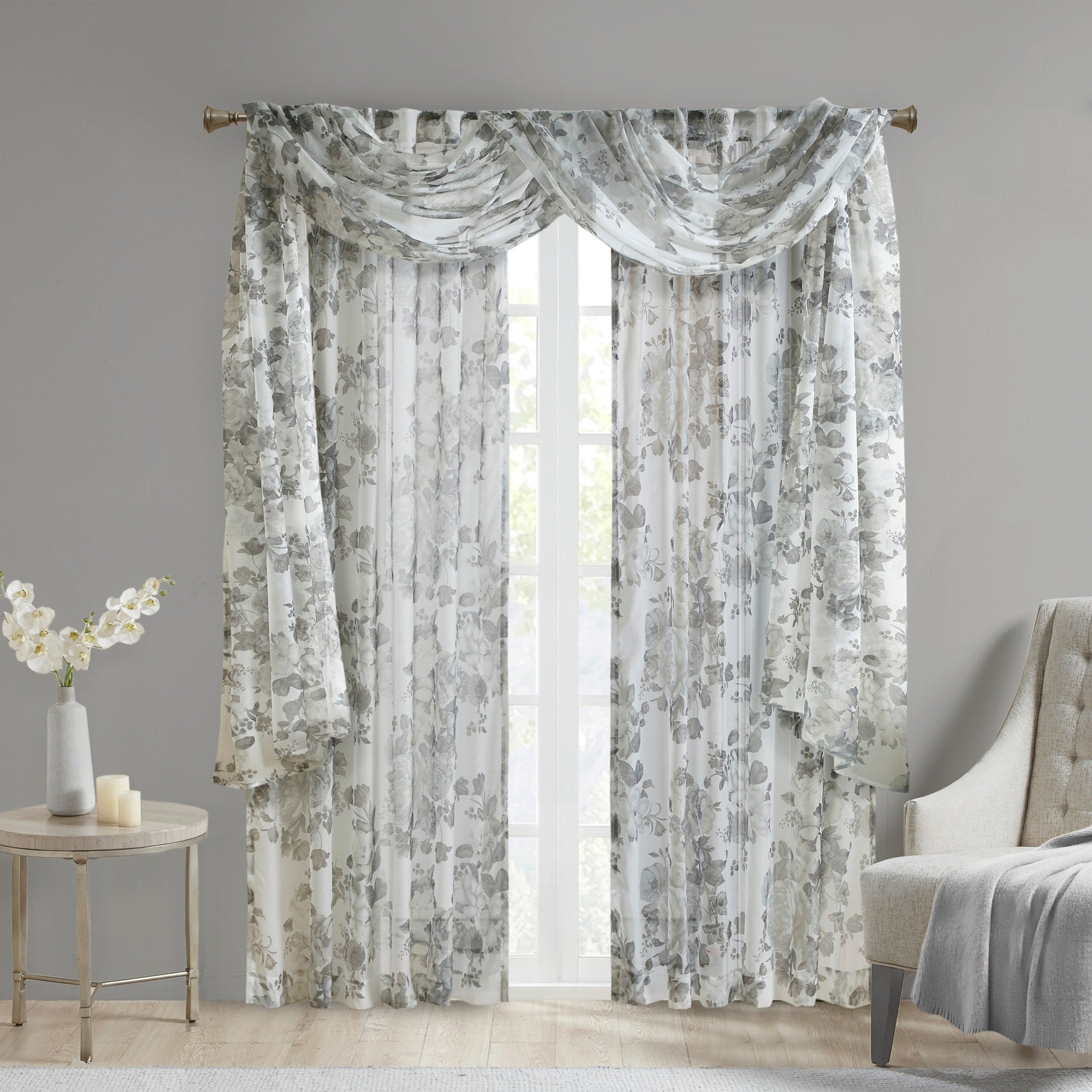 Madison Park Abelia Printed Floral Rod Pocket and Back Tab Voile Sheer Curtain