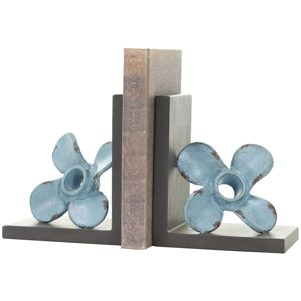 Metal Boat Distressed Propeller Decorative Bookends with Brown L-Shaped Stands - Set of 2 Teal - Roche River Decor