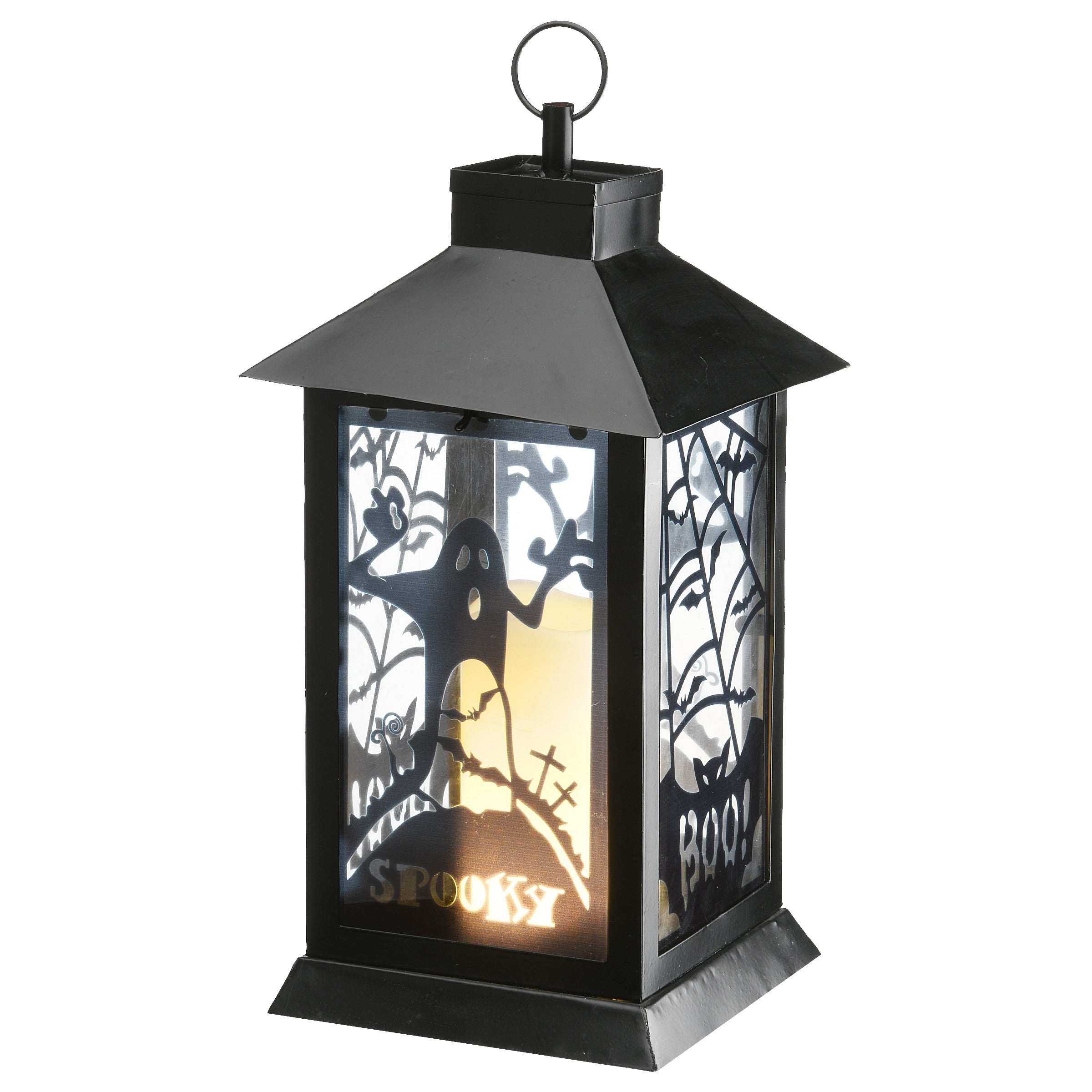 National Tree Company Halloween Lantern with LED Lights, Carved Images of Ghosts and Cobwebs, 16 inches - 16 in