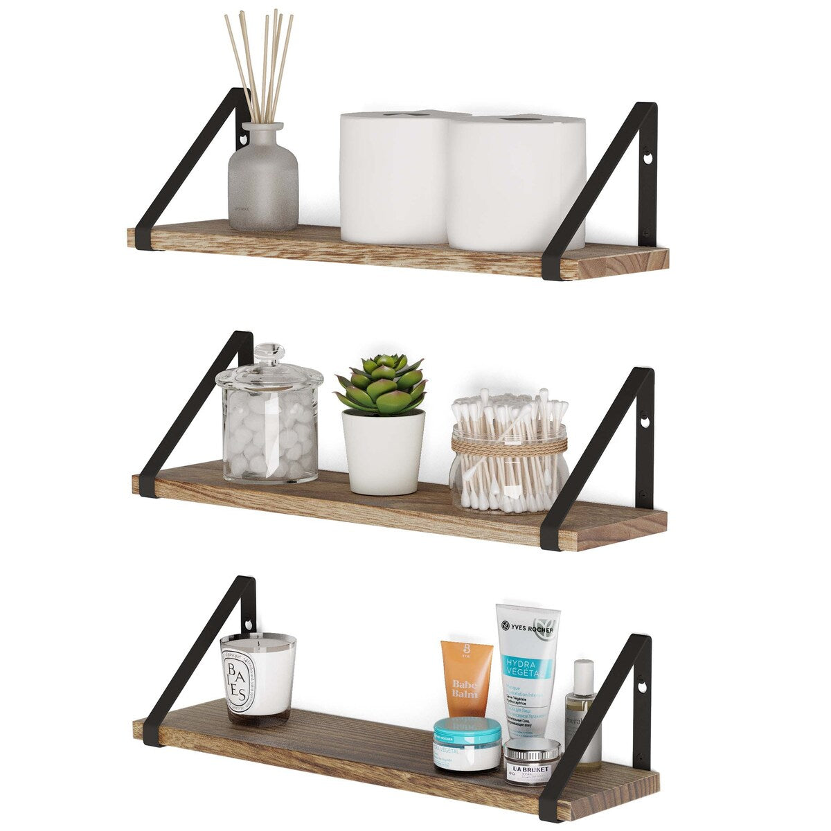 Wallniture Ponza Wood Floating Shelves, Bathroom Storage Shelf (Set of 3)