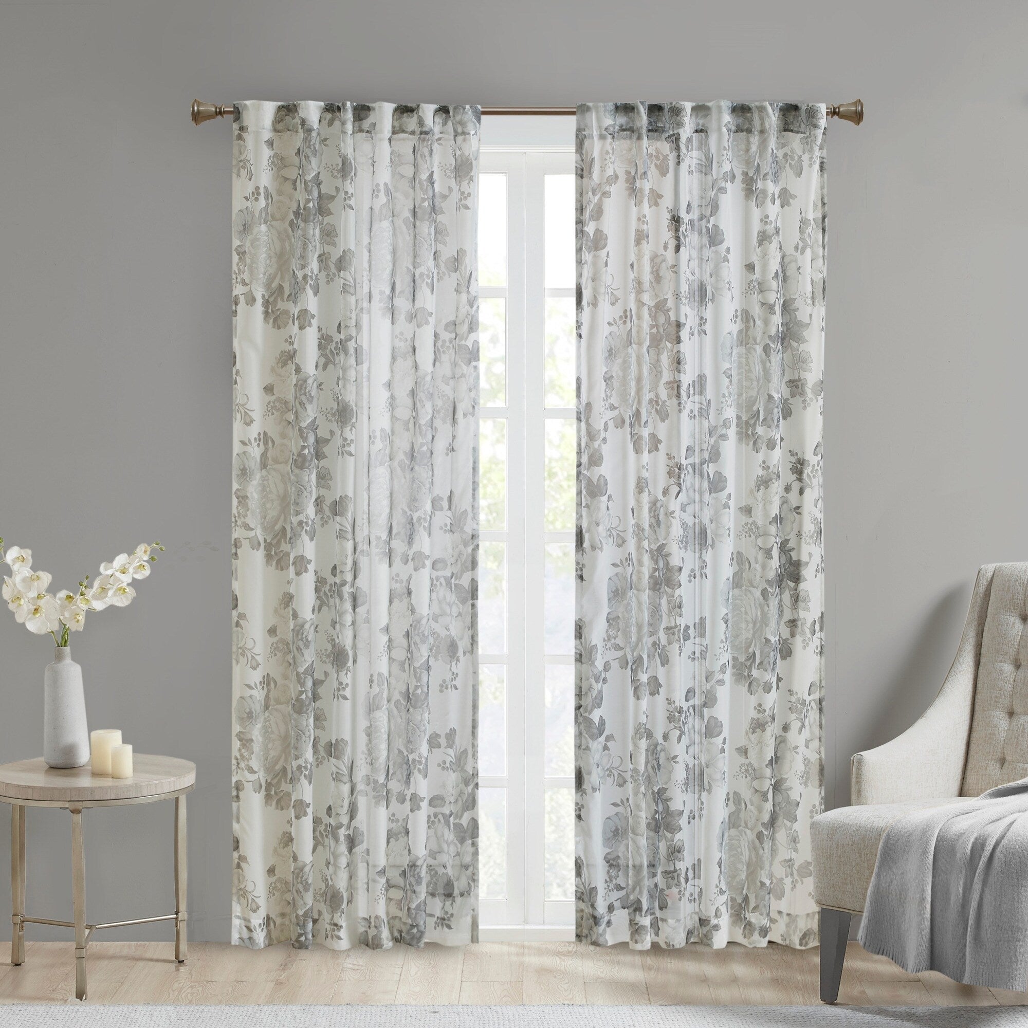 Madison Park Abelia Printed Floral Rod Pocket and Back Tab Voile Sheer Curtain