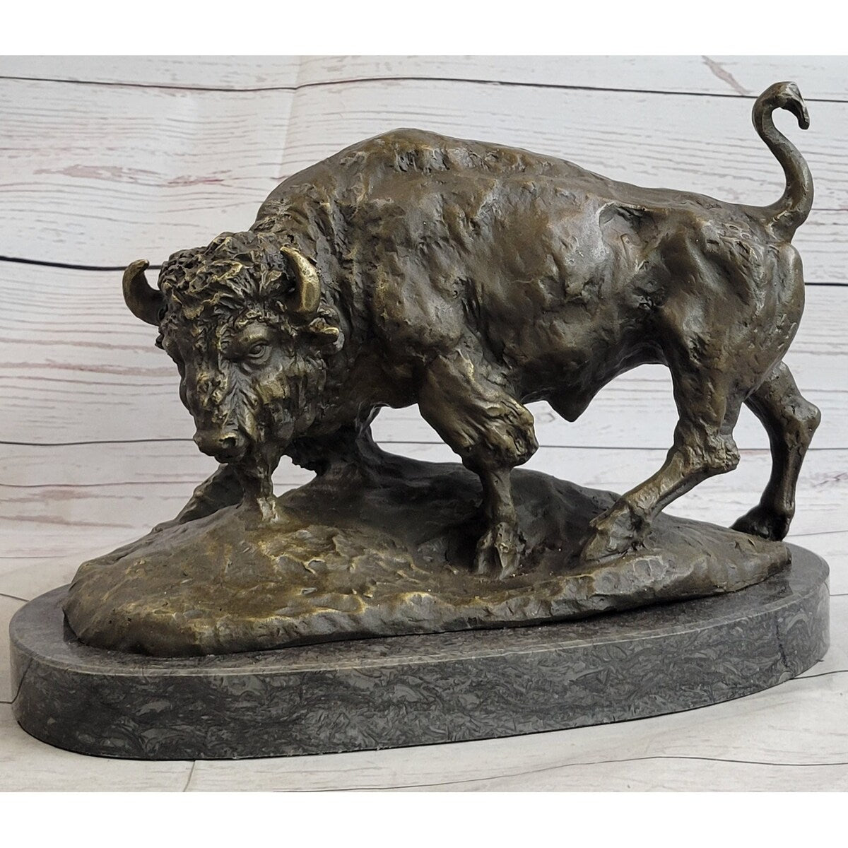 American Buffalo Bison Bull Bronze Sculpture By Barye On Marble Base Figure Art