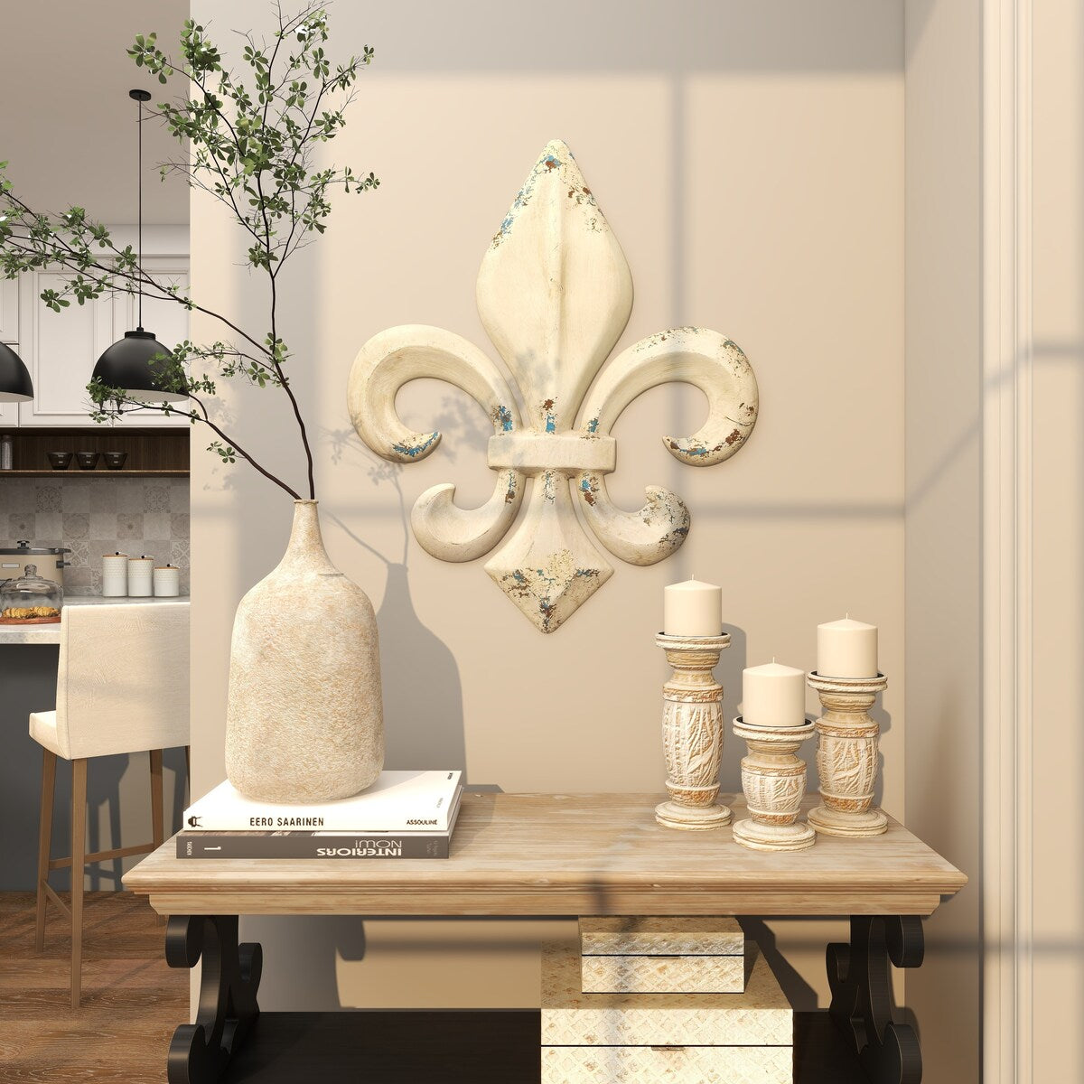 Metal Fleur De Lis Home Wall Decor with Blue and Brown Distressing - White - Roche River Decor