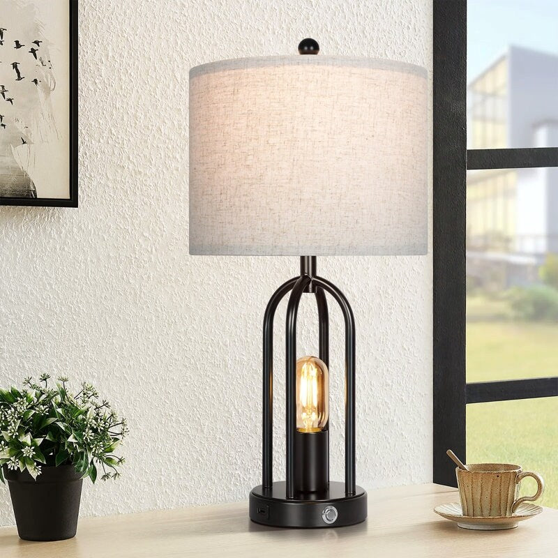 22 inch Black Table Lamp with Fabric Lampshade and Dimming Bulb (Set of 2）