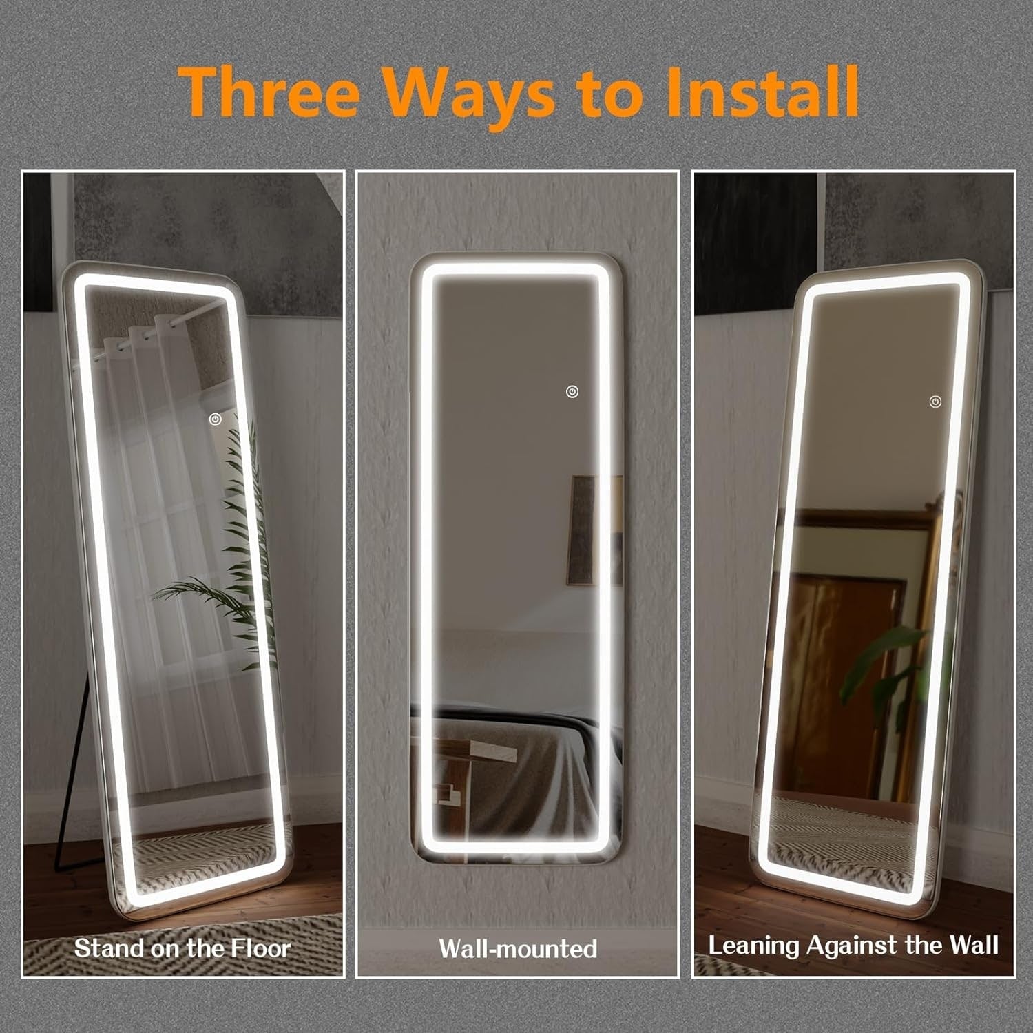 Full Length Mirror with Lights, 64x21 LED Full Body Mirror, Free Standing Lighted Floor Mirror, 3 Color Lighting