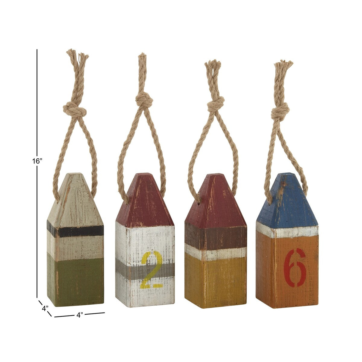 Wood Buoy Decorative Sculpture with Rope Accents - Set of 4 Multi Colored - Roche River Decor