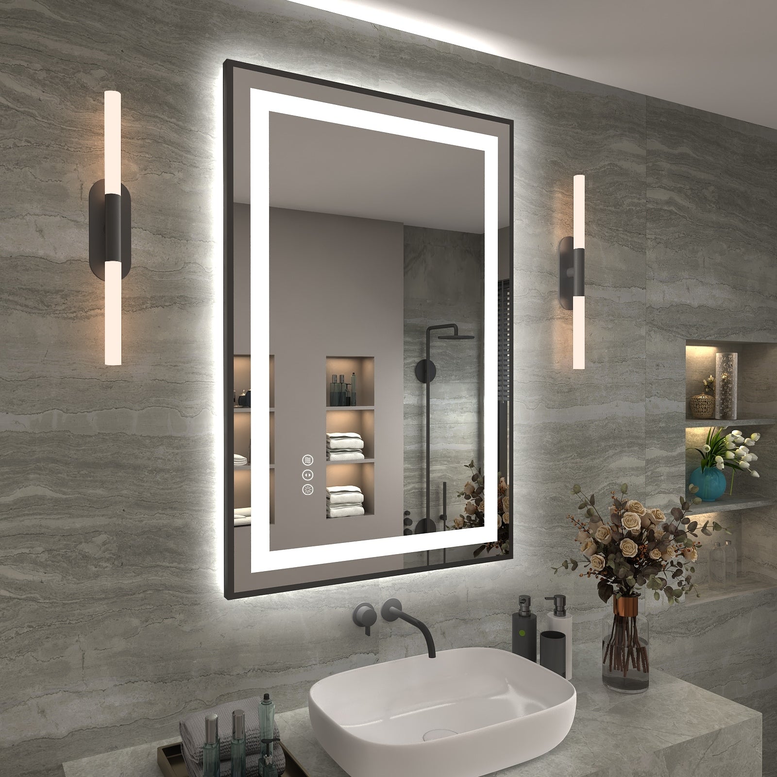 KIOTEE Super Bright Front & Back LED Lighted Anti-Fog Wall Bathroom Vanity Mirror in Tempered Glass