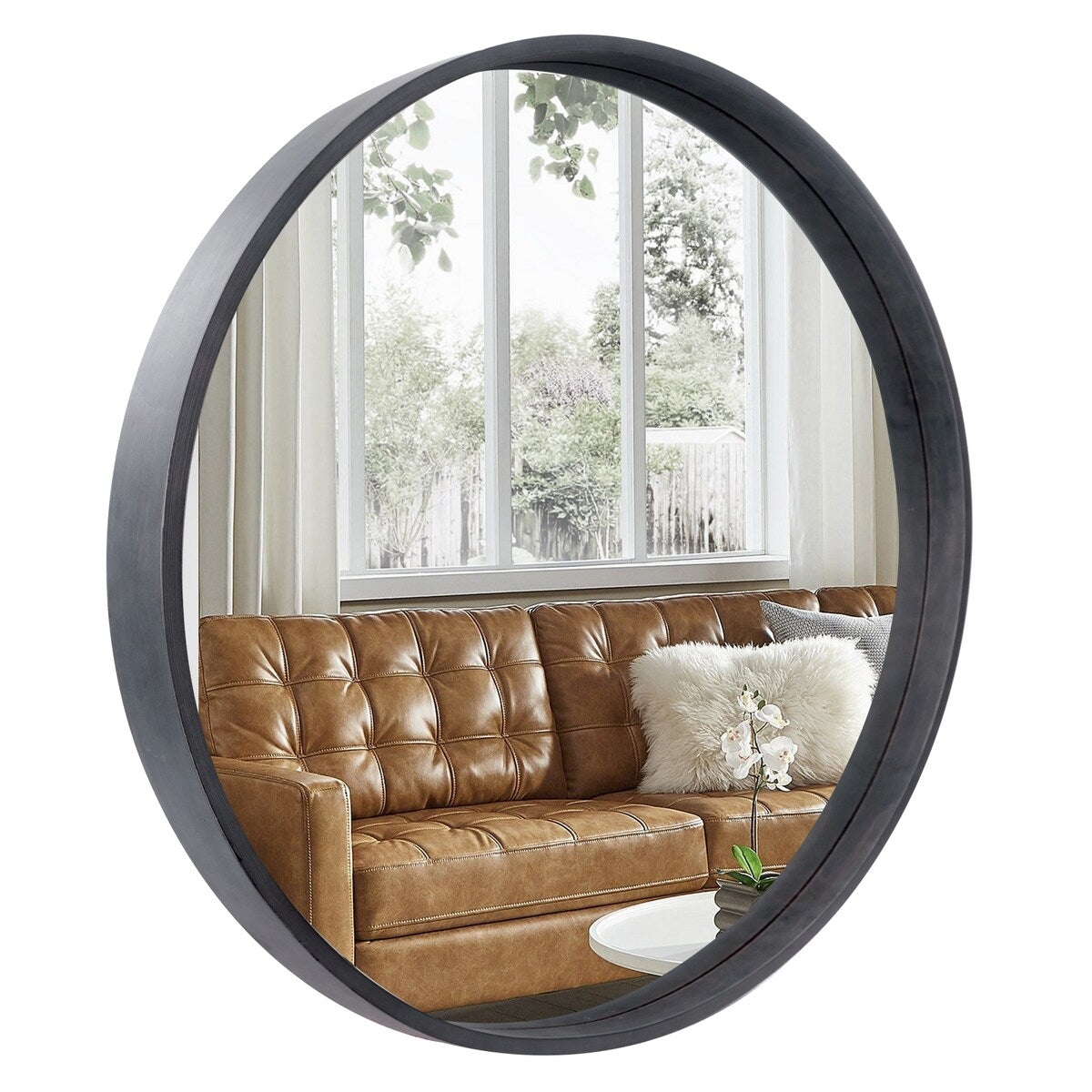 Classic Wooden Frame Farmhouse Round Wall Mirror