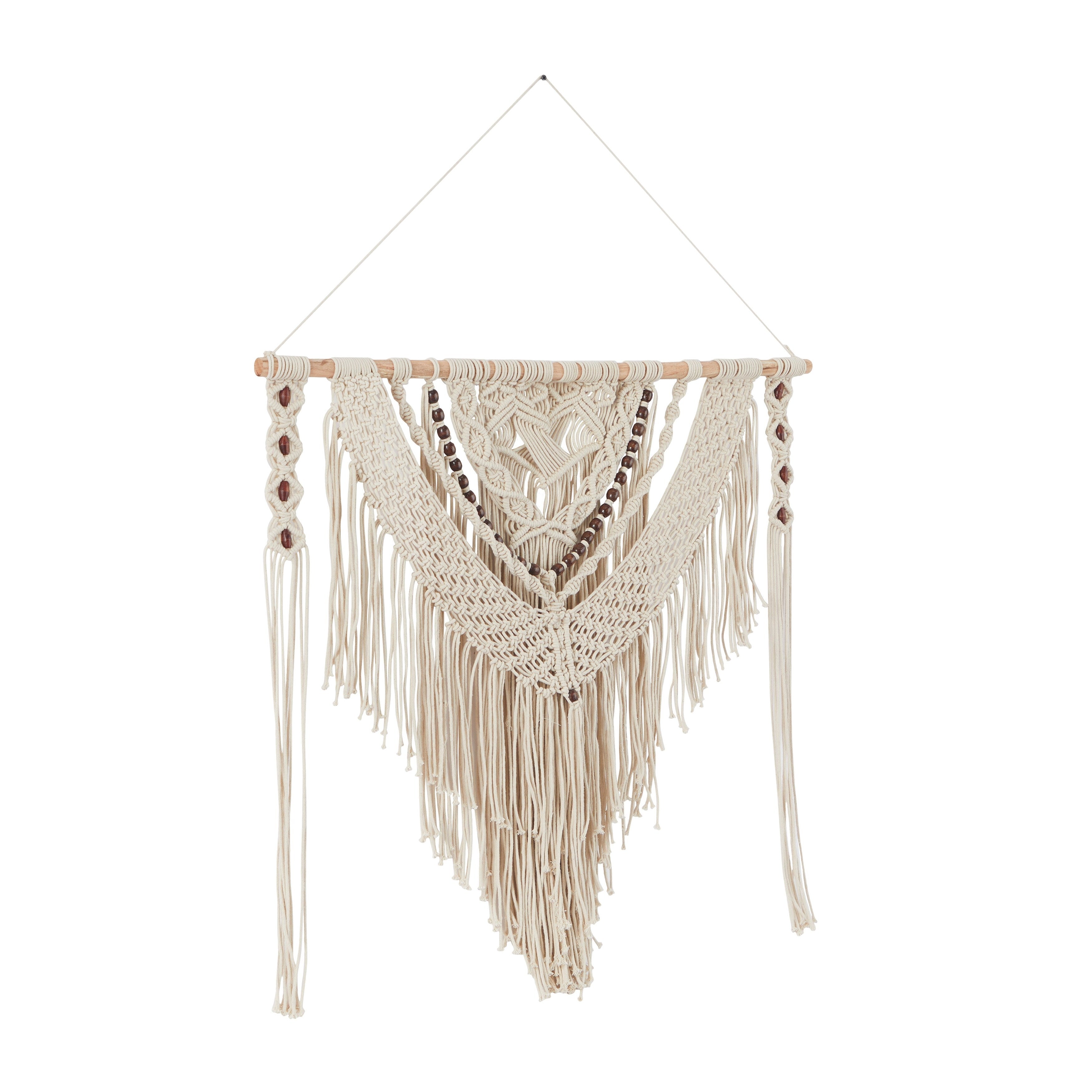 Cotton Handmade Intricately Weaved Macrame Wall Decor with Beaded Fringe Tassels - Gray or Cream