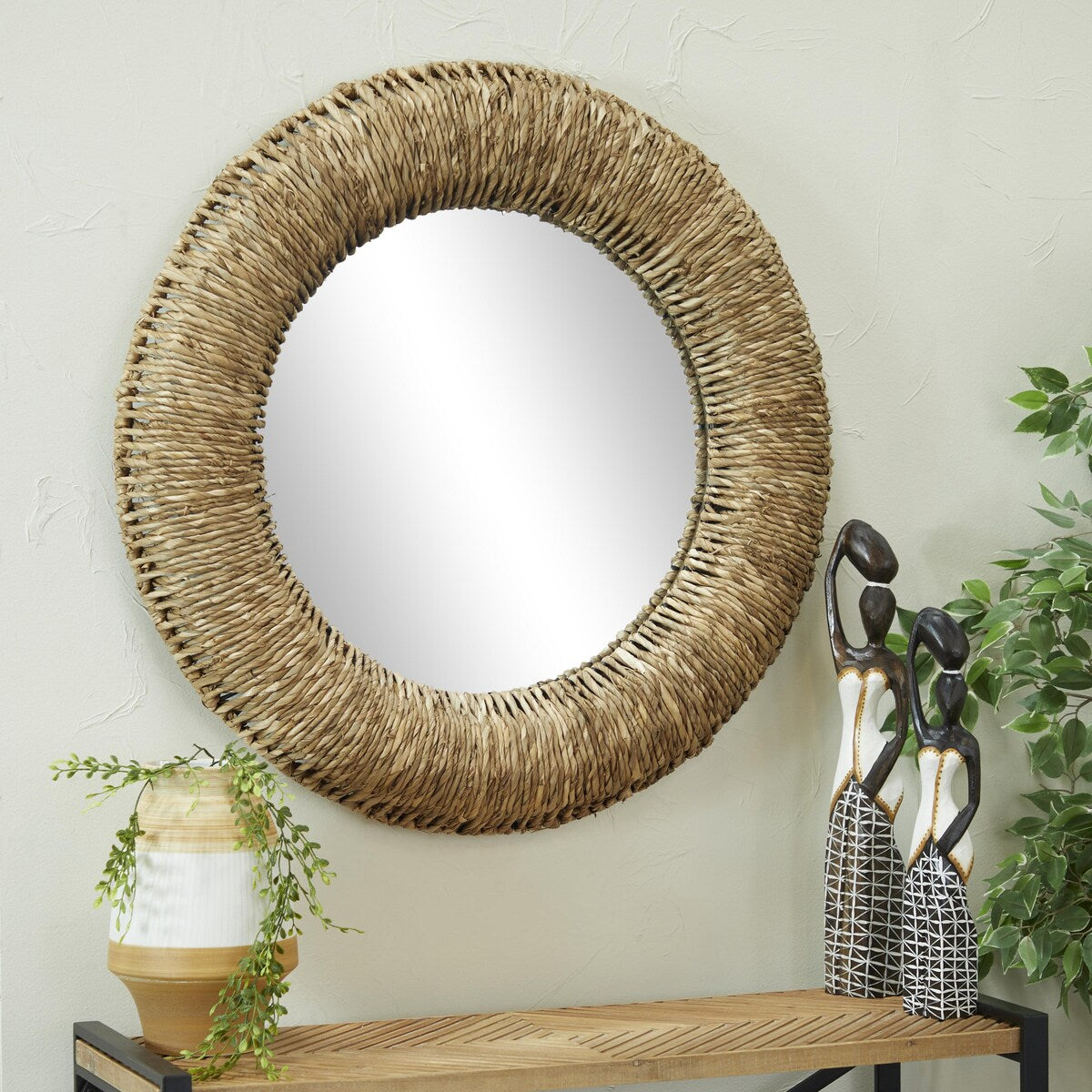 Rattan Coiled Weaved Frame Room Wall Mirror - Brown - Roche River Decor