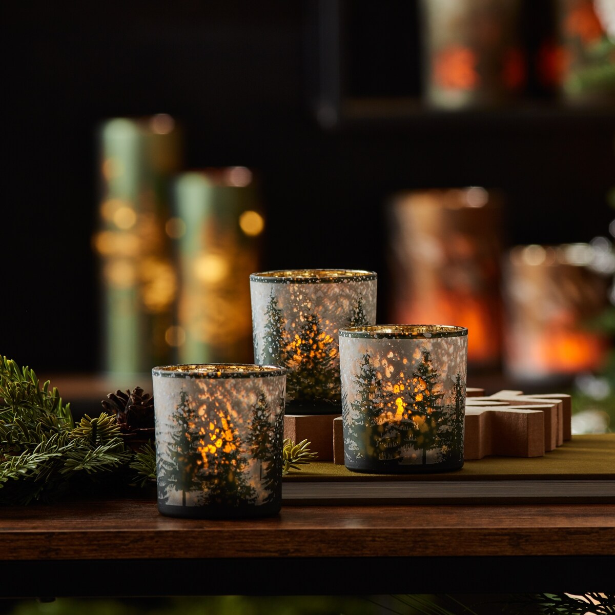 Frosted Pine Mercury Glass Candle Holder (Set of 3)