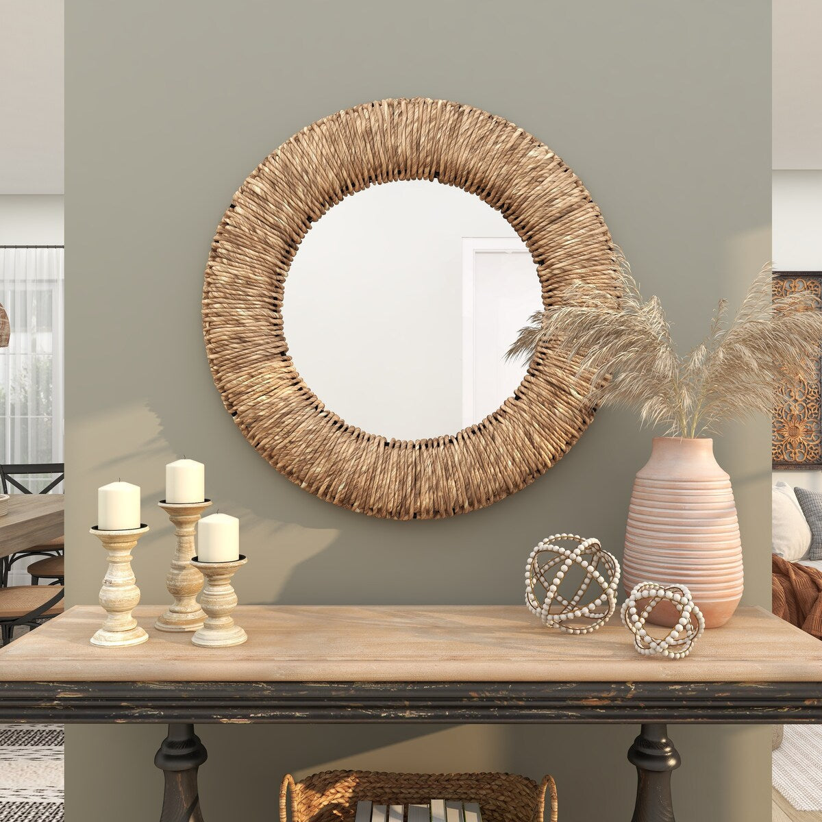 Rattan Coiled Weaved Frame Room Wall Mirror - Brown - Roche River Decor