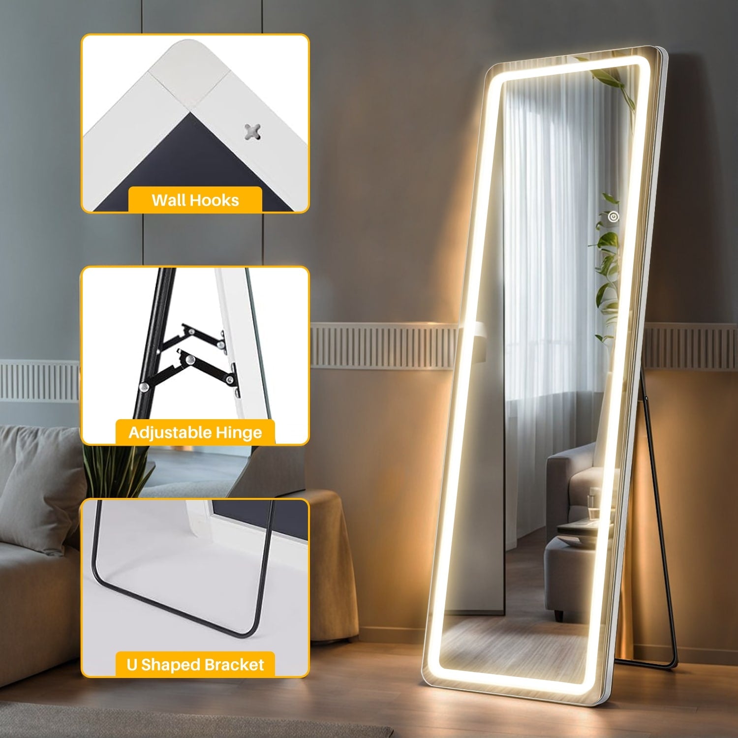 Full Length Mirror with Lights, 64x21 LED Full Body Mirror, Free Standing Lighted Floor Mirror, 3 Color Lighting