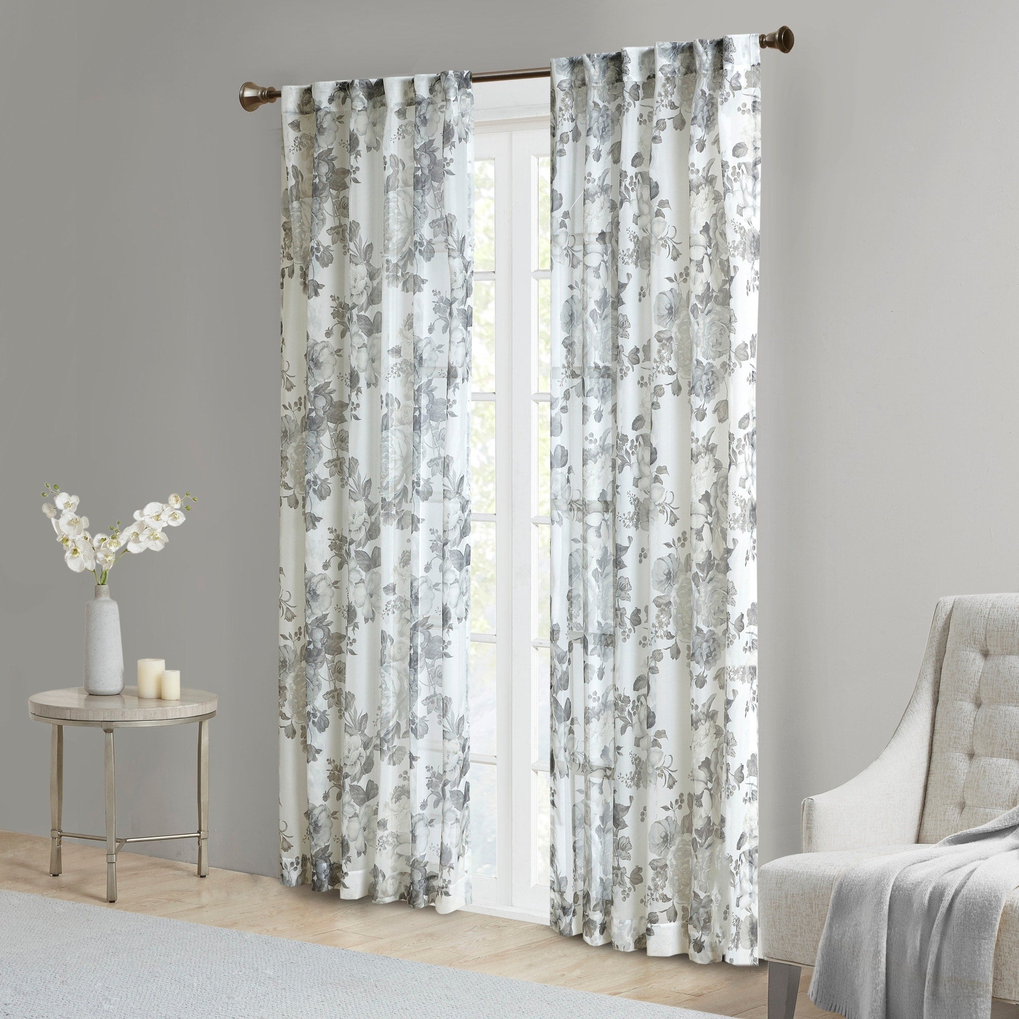 Madison Park Abelia Printed Floral Rod Pocket and Back Tab Voile Sheer Curtain