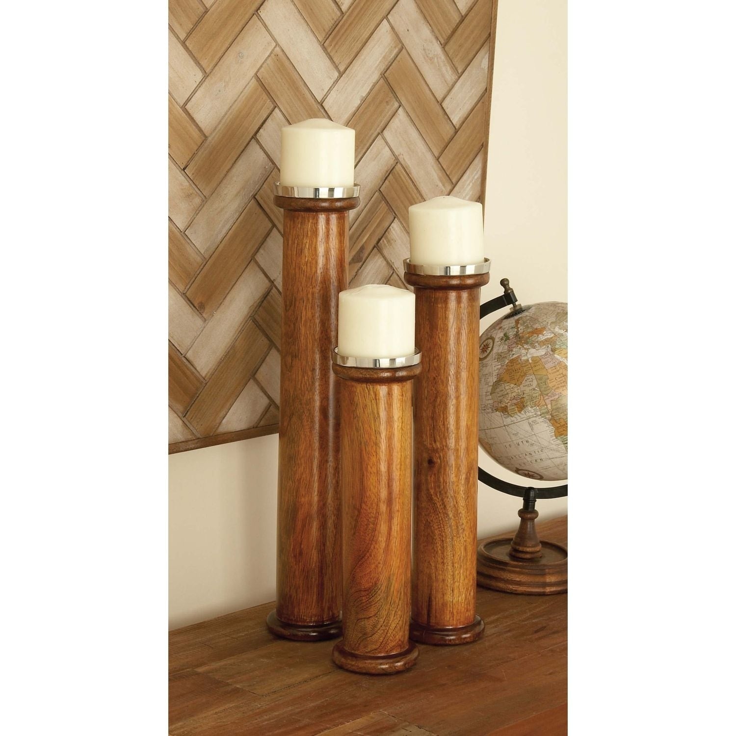 Brown Wood Natural Candle Holder Set of 3 18 x 3 x 3