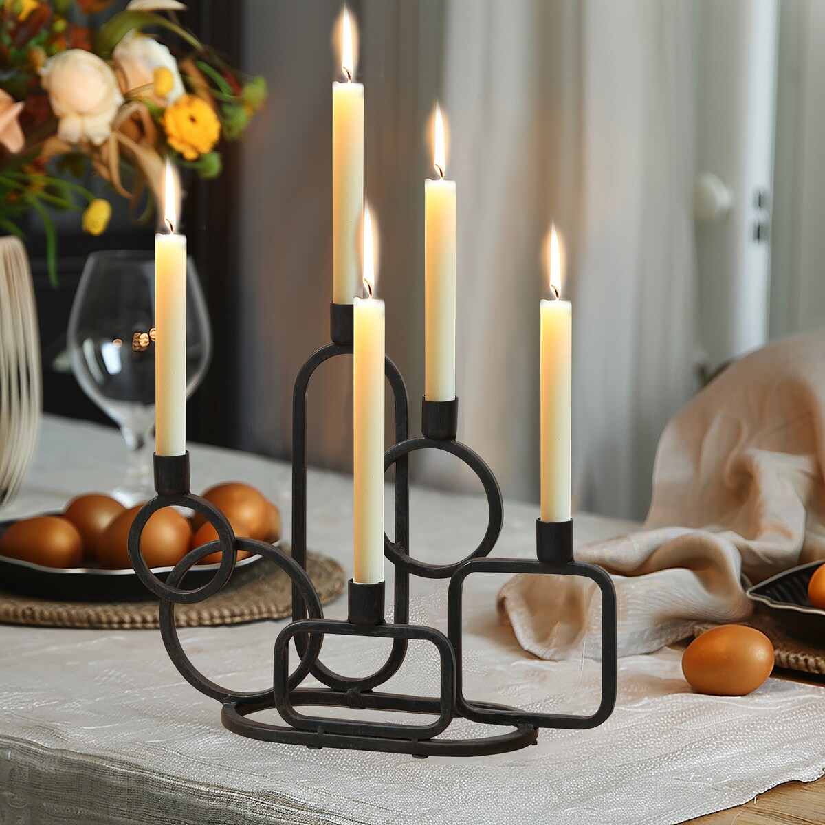 Black Metal 5-Taper Candle Holder Tabletop Sculpture - 10.4 H x 12.8 W x 4.8D