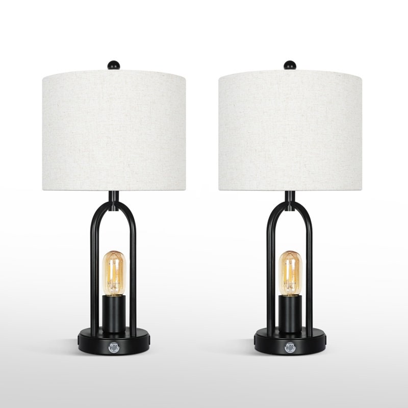 22 inch Black Table Lamp with Fabric Lampshade and Dimming Bulb (Set of 2）