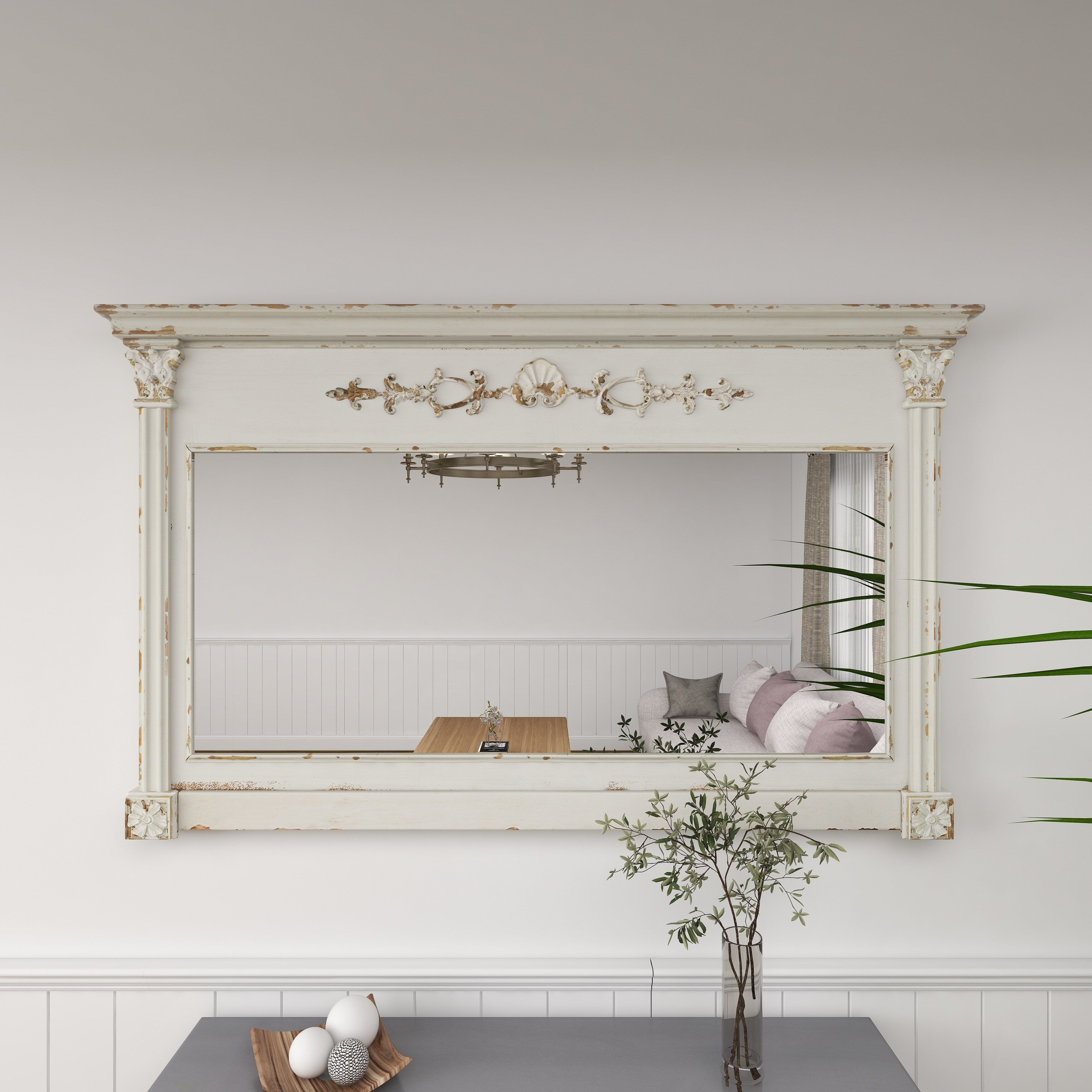 White Wood Vintage Wall Mirror 43 x 35 x 5