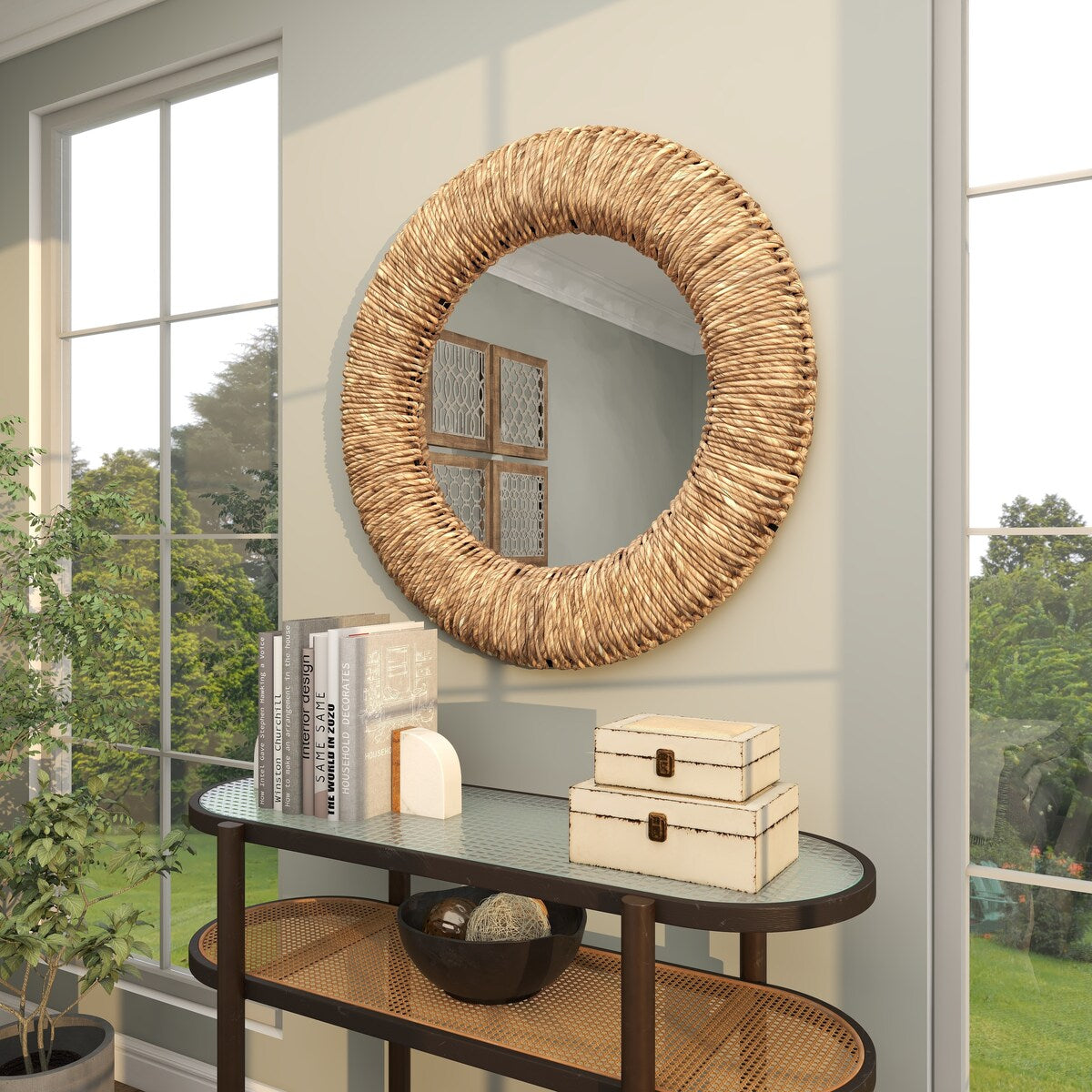 Rattan Coiled Weaved Frame Room Wall Mirror - Brown - Roche River Decor