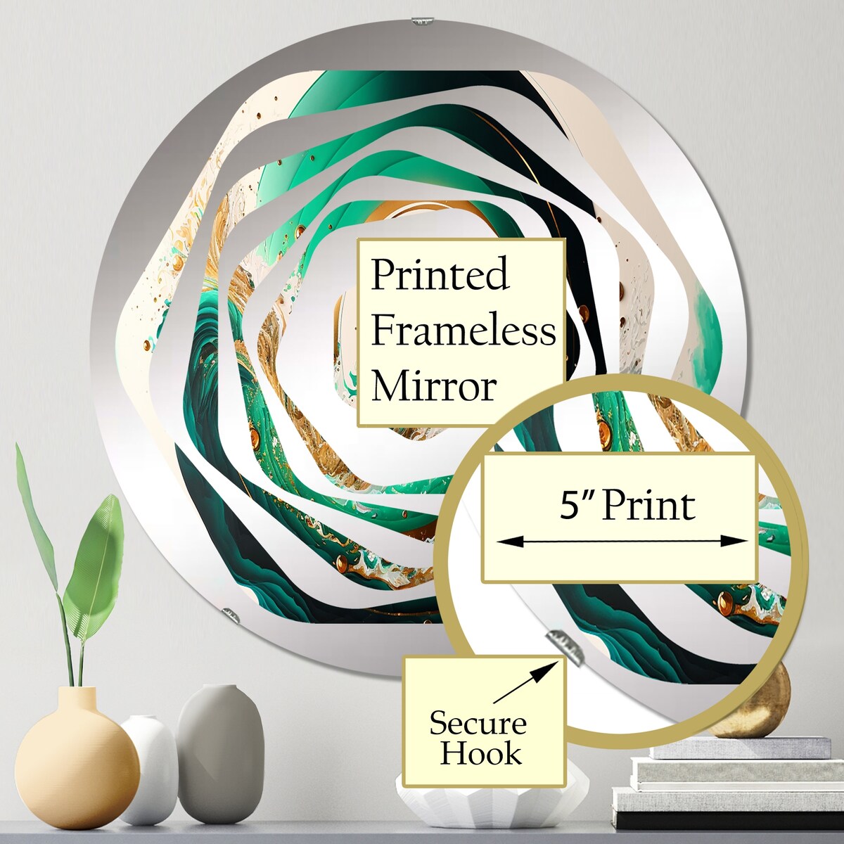 Designart Green And Gold Crashing Waves III - Modern Abstract Spirals Amorphe Decorative Mirror