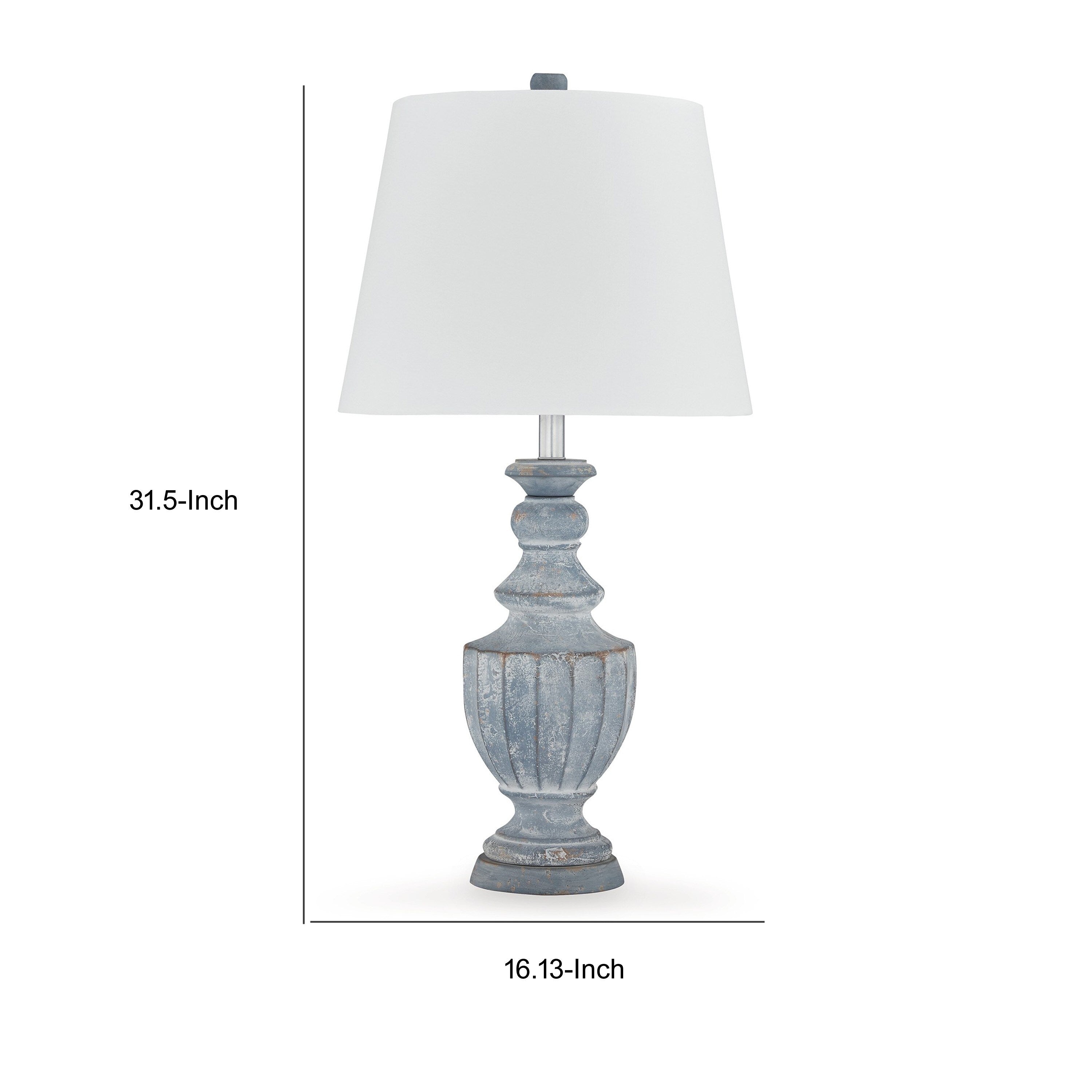 Rick 32 Inch Table Lamp, White Empire Fabric Shade, Turned Blue Terracotta