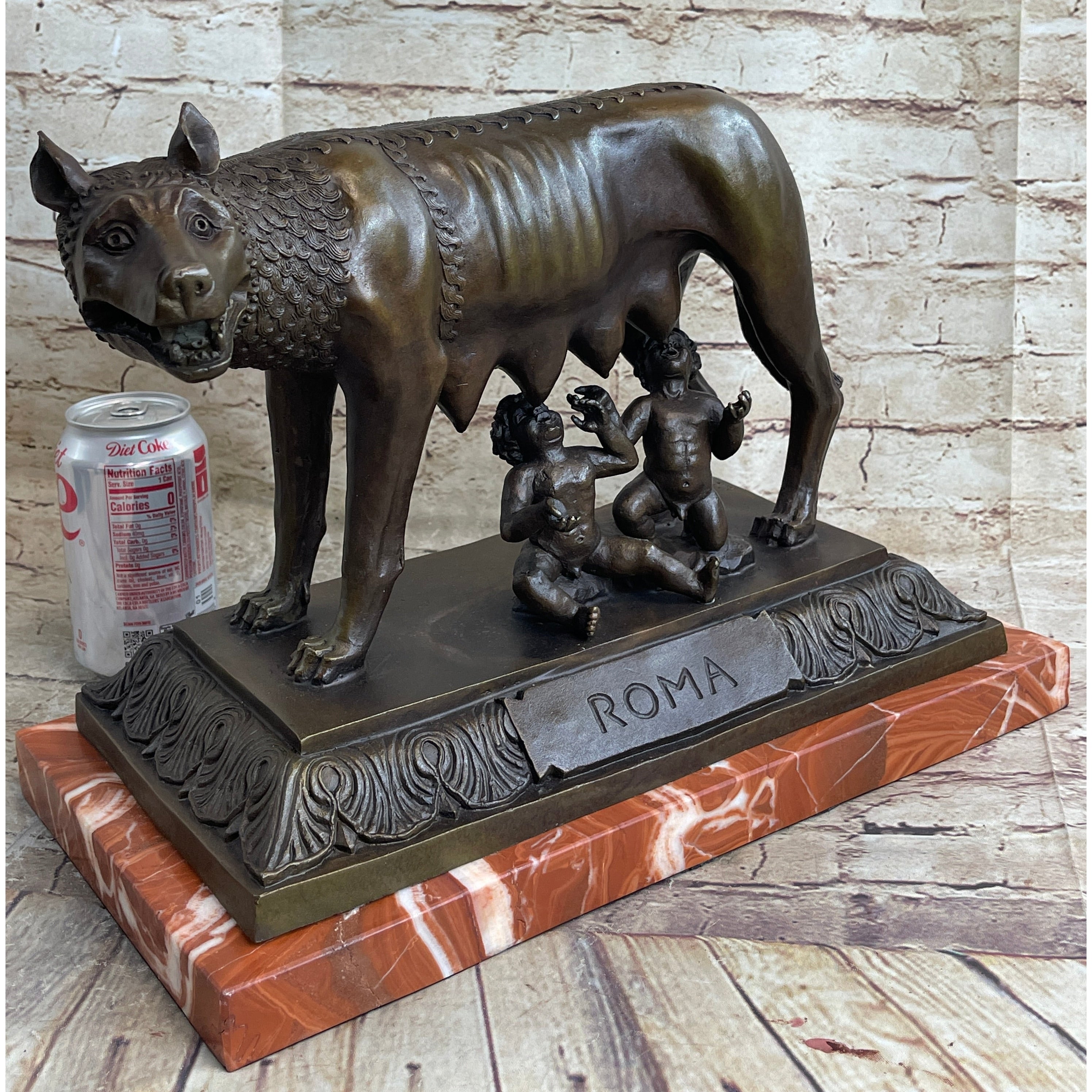 The Capitoline Wolf Romulus Remus Bronze Metal Statue Sculpture On Rose Marble Base 12 Inches X 15 Inches