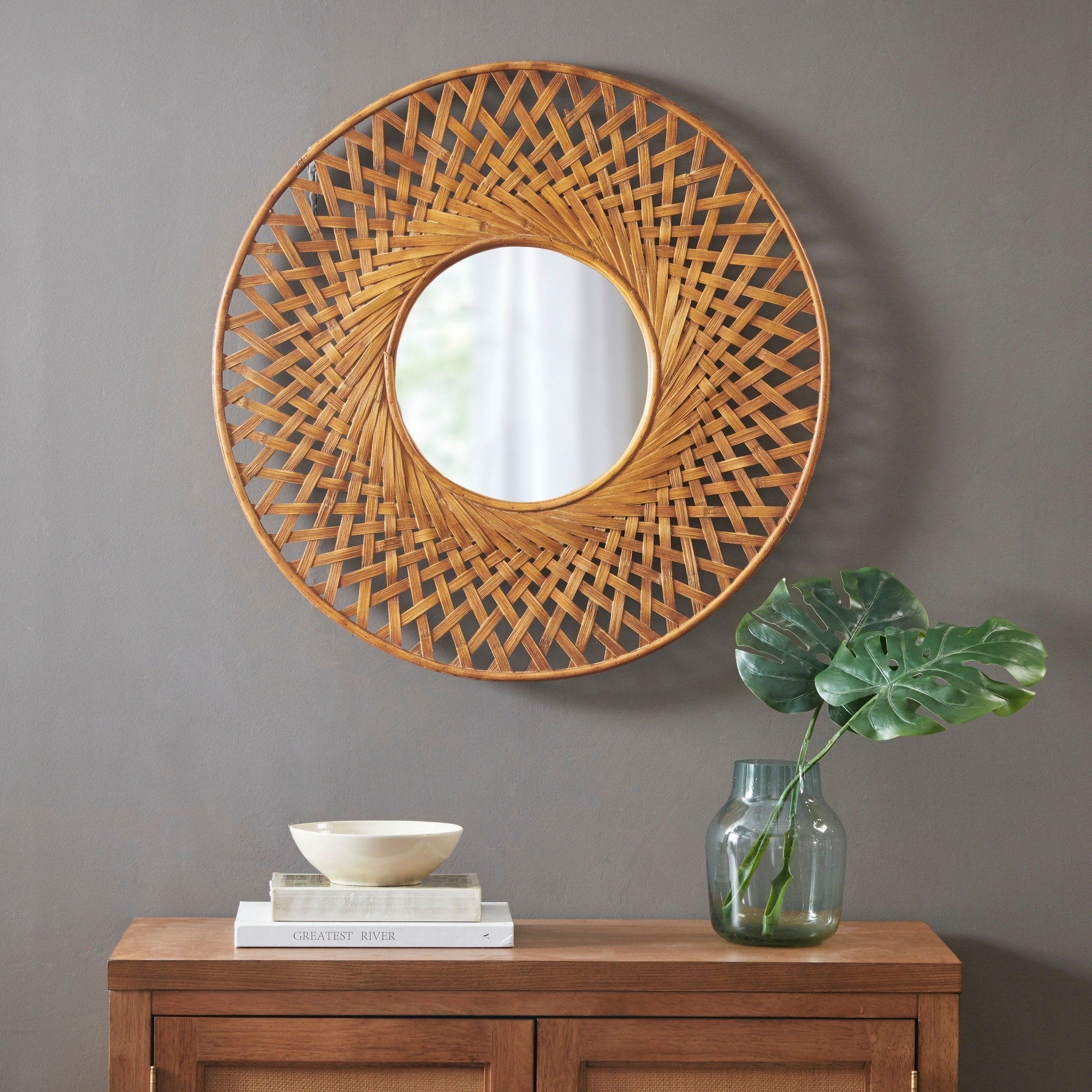 Madison Park Reed Natural Round Bamboo Wall Decor Mirror