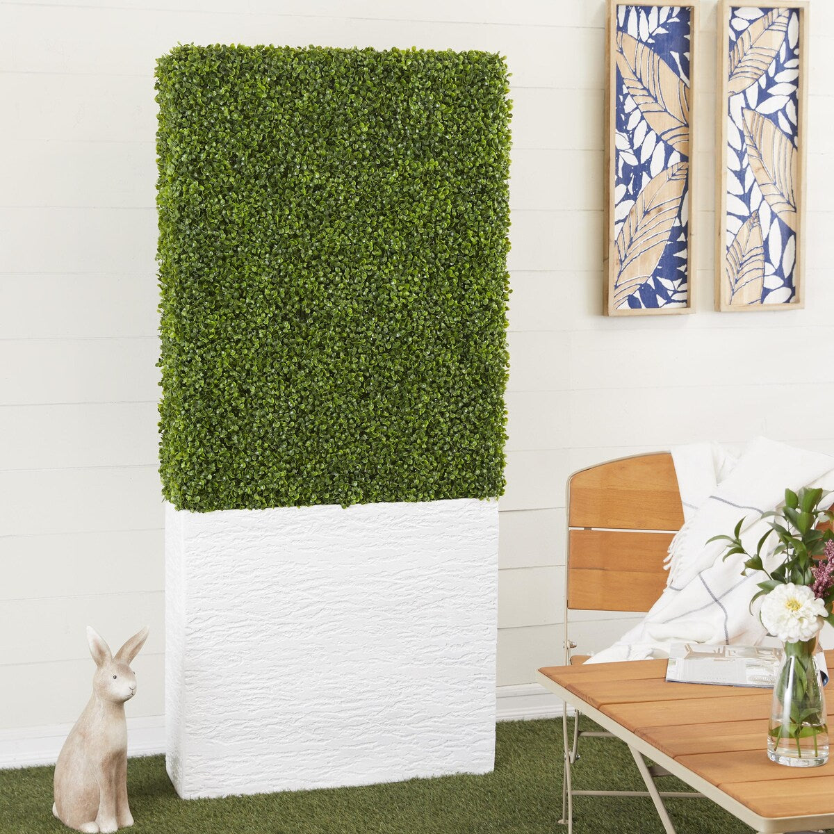 Faux Foliage Boxwood Hedge Tall Topiary with Realistic Leaves and Black or White Planter Box - Green - Roche River Decor