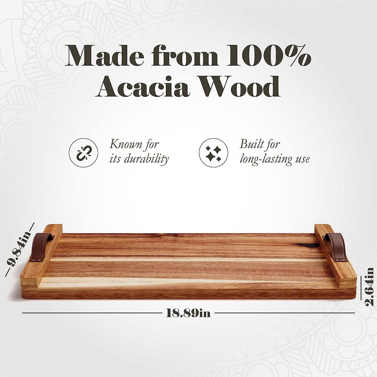 American Atelier Acacia Wood Rectangular Tray with Leather Handle - 18 x 9