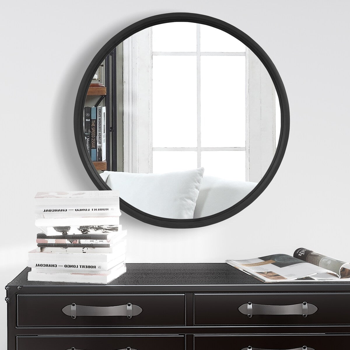 Classic Wooden Frame Farmhouse Round Wall Mirror