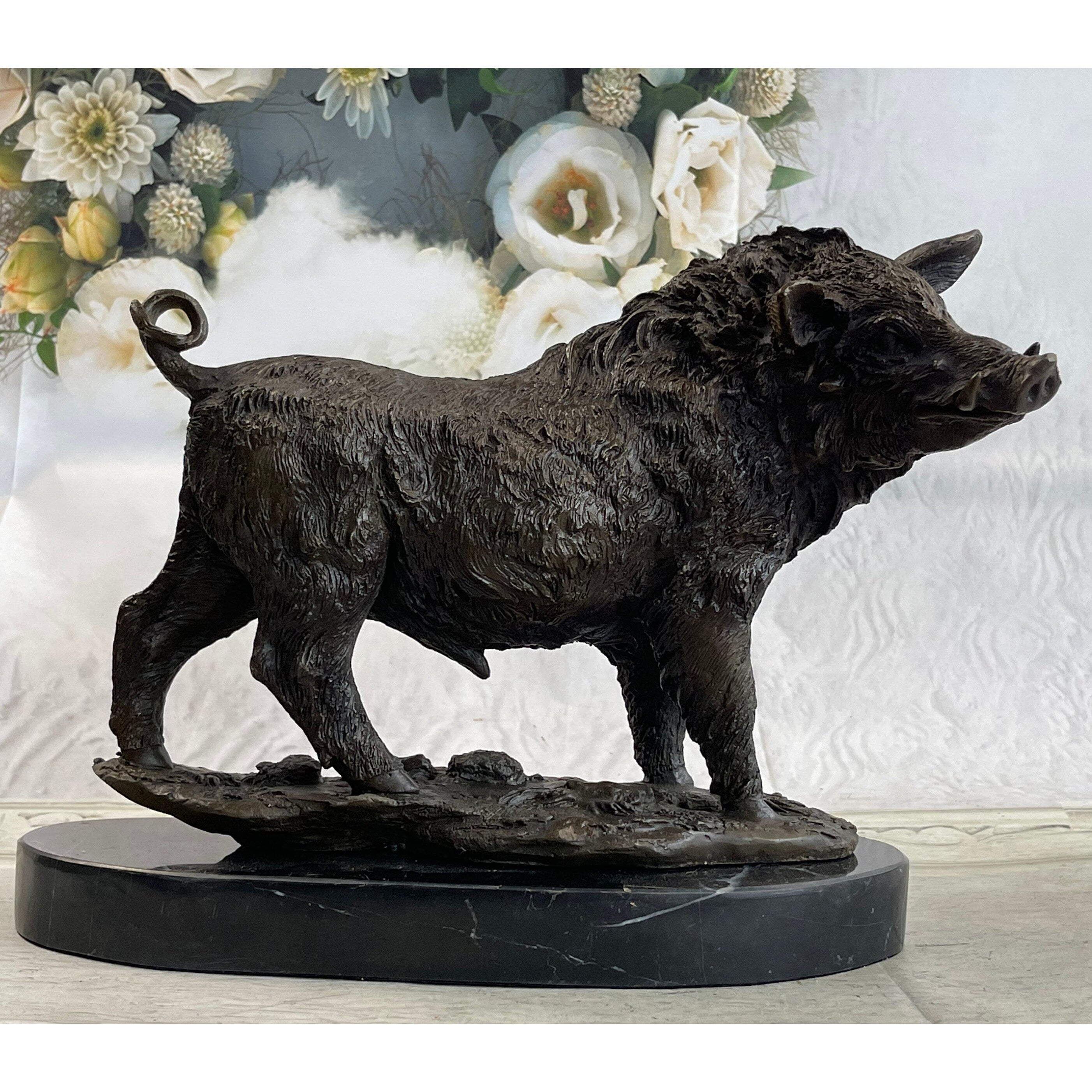 Bronze Sculpture Large Signed Barye Wild Boar Pig Art Deco Marble Figurine Decor