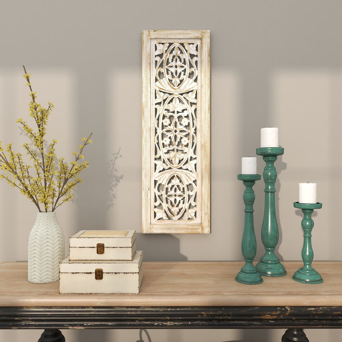 Mango Wood Floral Handmade Intricately Carved Arabesque Home Wall Decor - Cream - Roche River Decor