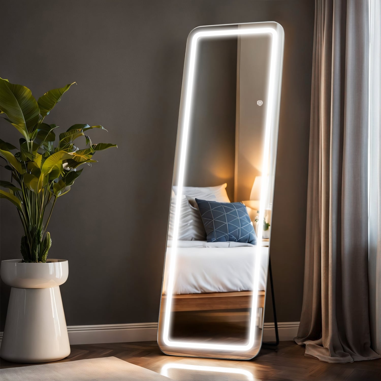 Full Length Mirror with Lights, 64x21 LED Full Body Mirror, Free Standing Lighted Floor Mirror, 3 Color Lighting