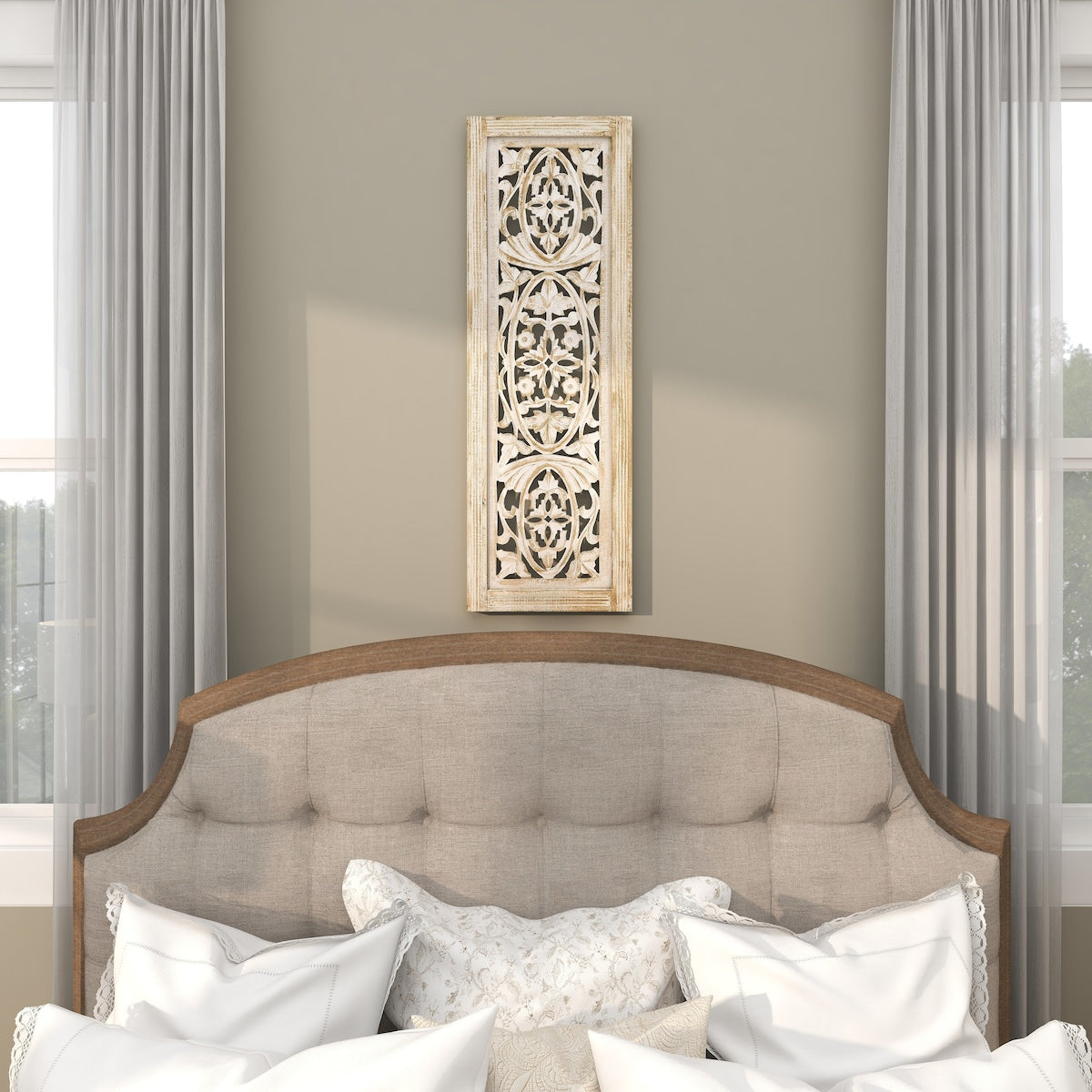 Mango Wood Floral Handmade Intricately Carved Arabesque Home Wall Decor - Cream - Roche River Decor