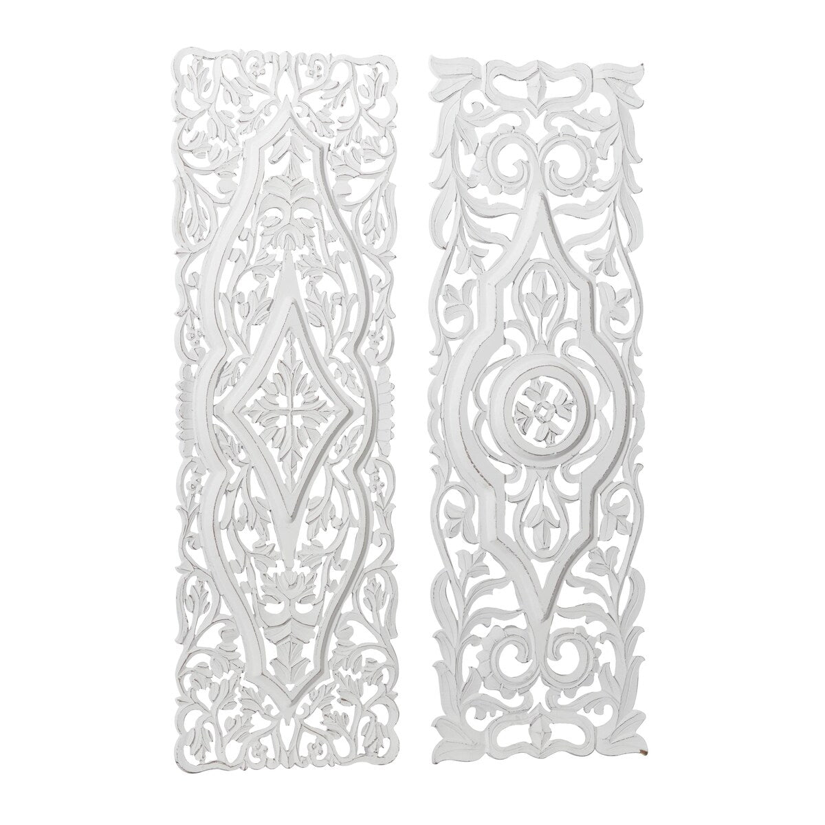 Wood Floral Handmade Intricately Carved Arabesque Home Wall Decor - Set of 2 White - Roche River Decor