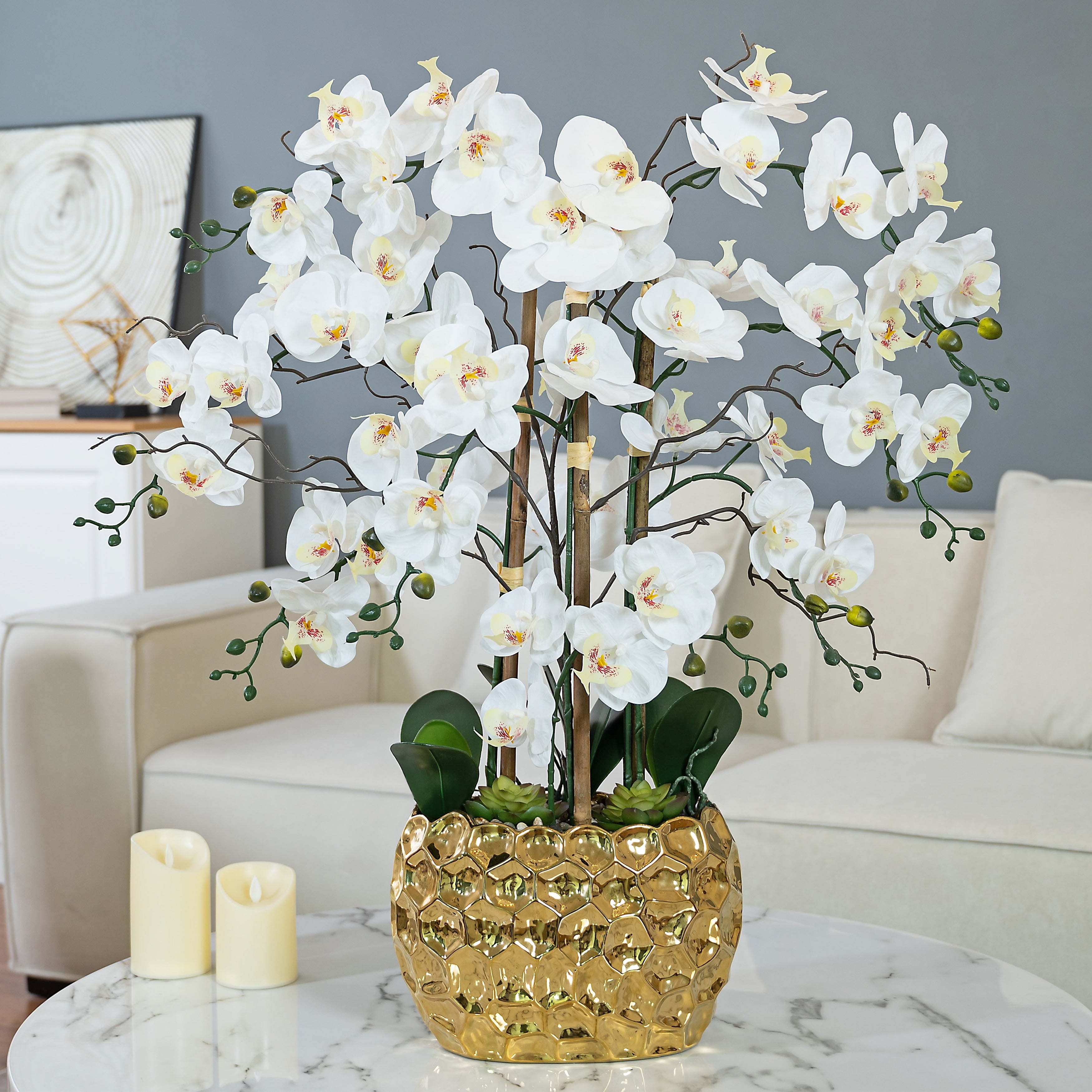 8 Stems Real Touch Phalaenopsis Plastic Orchids with Succulents in White Ceramic Pot - 35.43 H x 31.5 W x 31.5  D