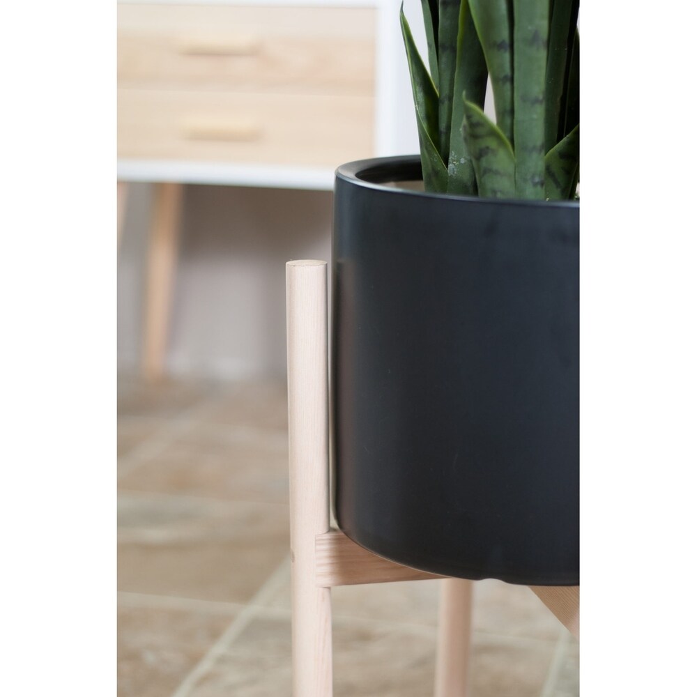 UPshining Large Ceramic Planter 10 Black with Wood Stand Natural