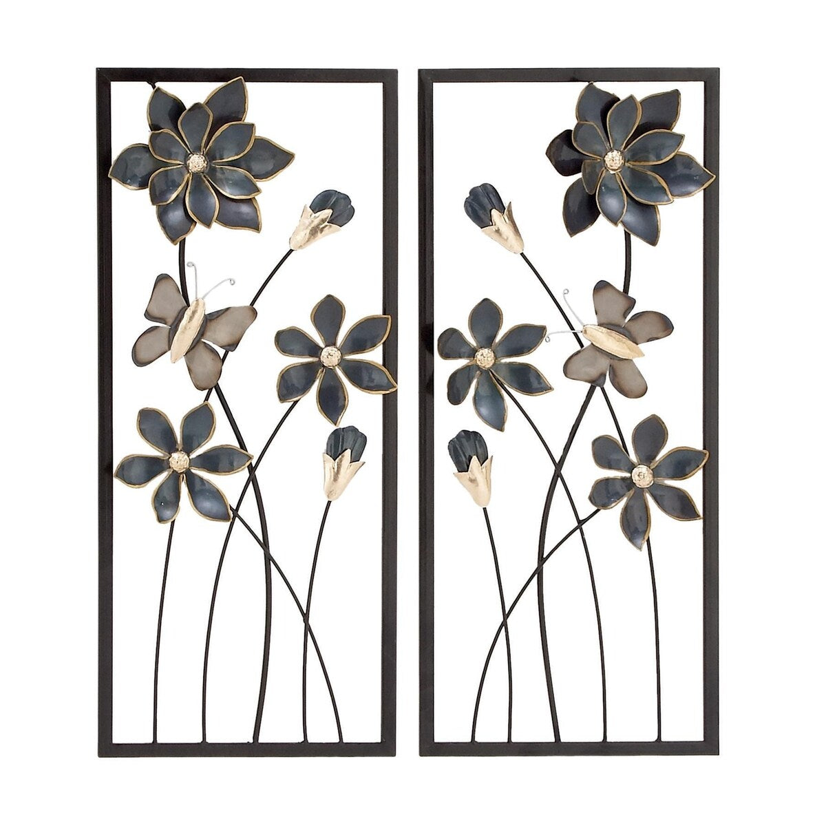 Metal Floral Home Wall Decor with Black Frames and Butterfly Accents - Set of 2 Teal - Roche River Decor