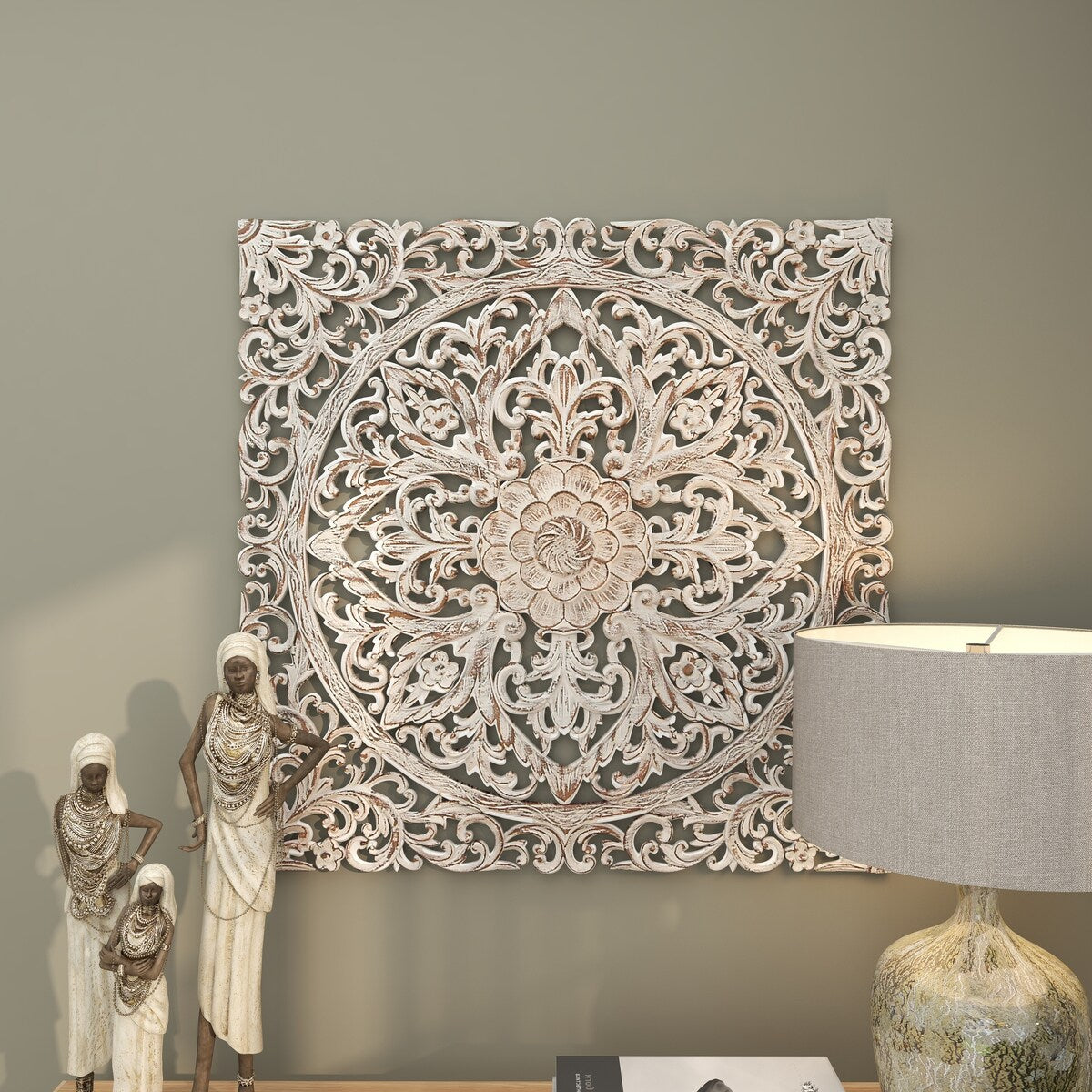 Wood Floral Handmade Intricately Carved Mandala Home Wall Decor with Brown Distressing - White - Roche River Decor