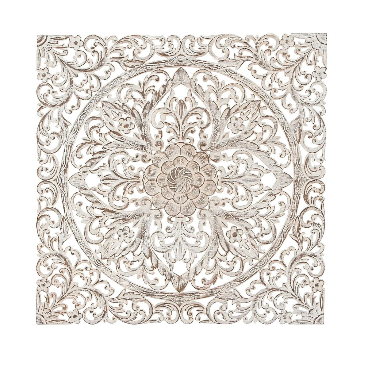 Wood Floral Handmade Intricately Carved Mandala Home Wall Decor with Brown Distressing - White - Roche River Decor