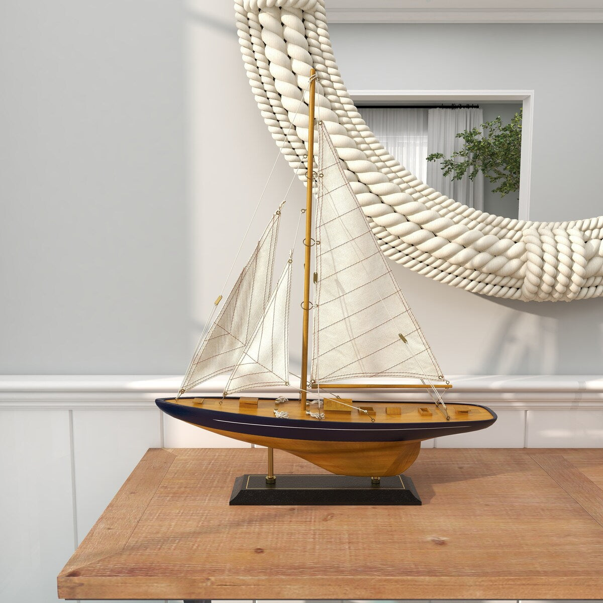 Wood Sail Boat Decorative Sculpture with Beige and Navy Accents and Lifelike Rigging - Brown - Roche River Decor