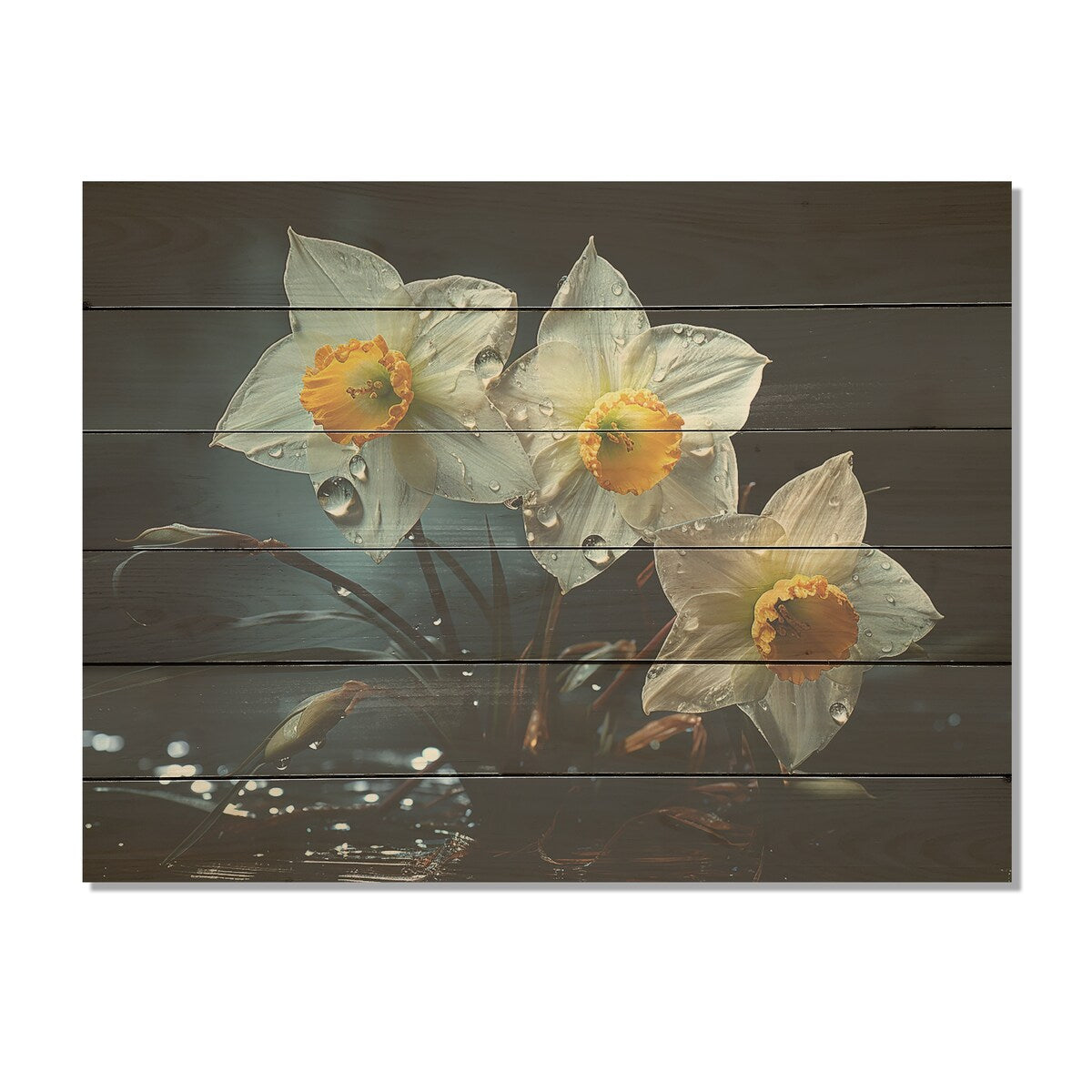 Designart Dewy Daffodils At Sunrise I Daffodils Wood Wall Decor - Traditional Silver Wood Panel On Natural Pine Wood