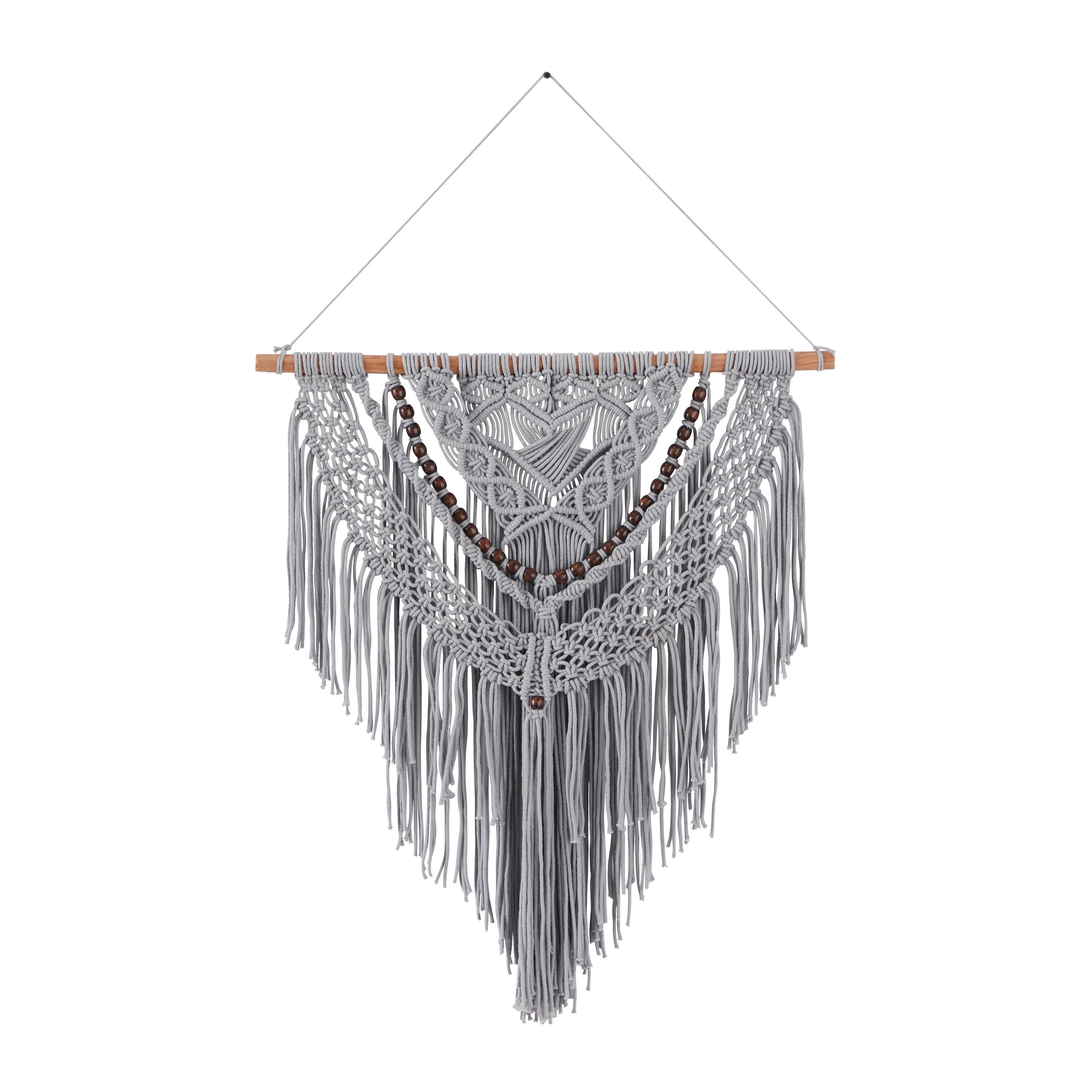 Cotton Handmade Intricately Weaved Macrame Wall Decor with Beaded Fringe Tassels - Gray or Cream