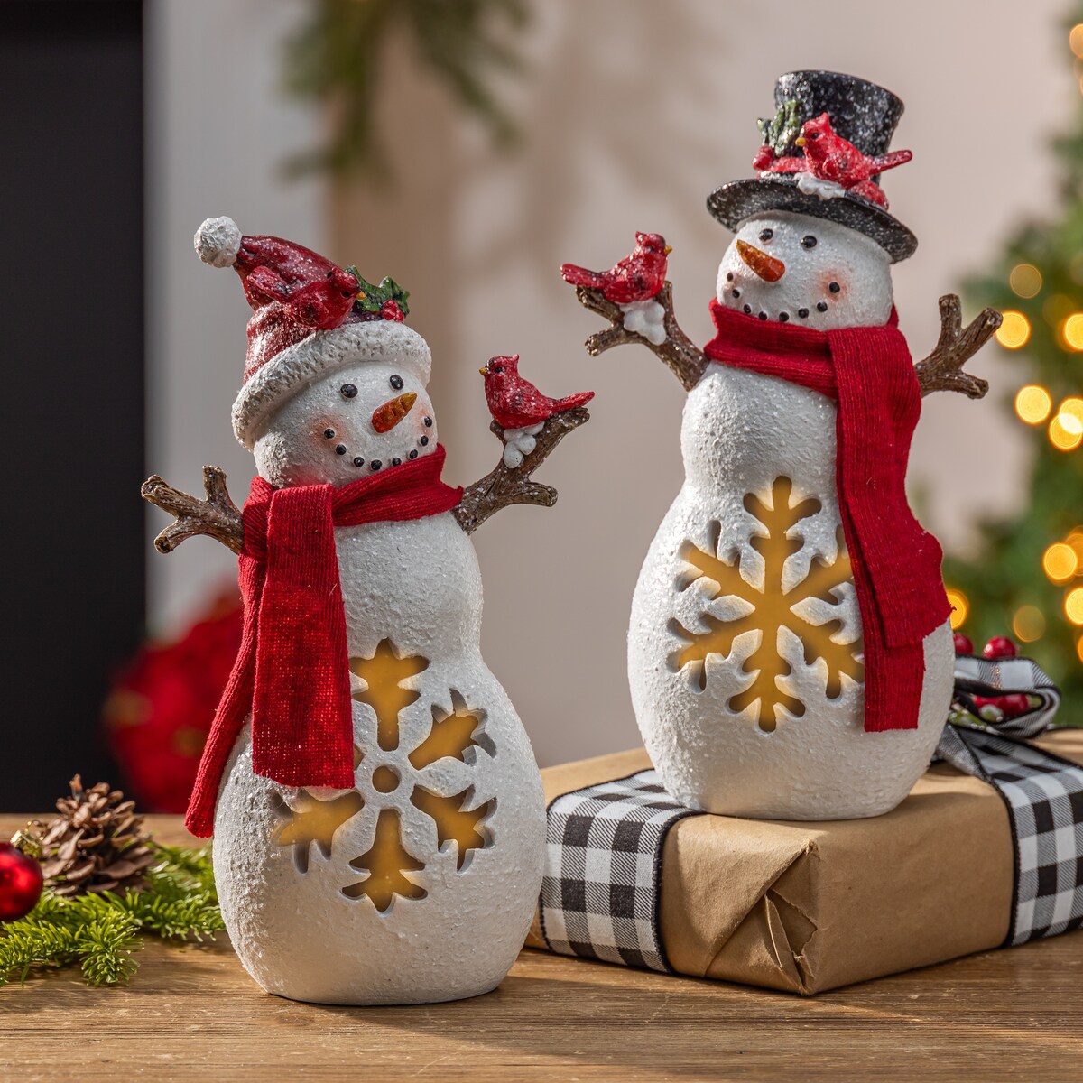 11.42 Inch Lighted Resin Holiday Snowmen Set of 2