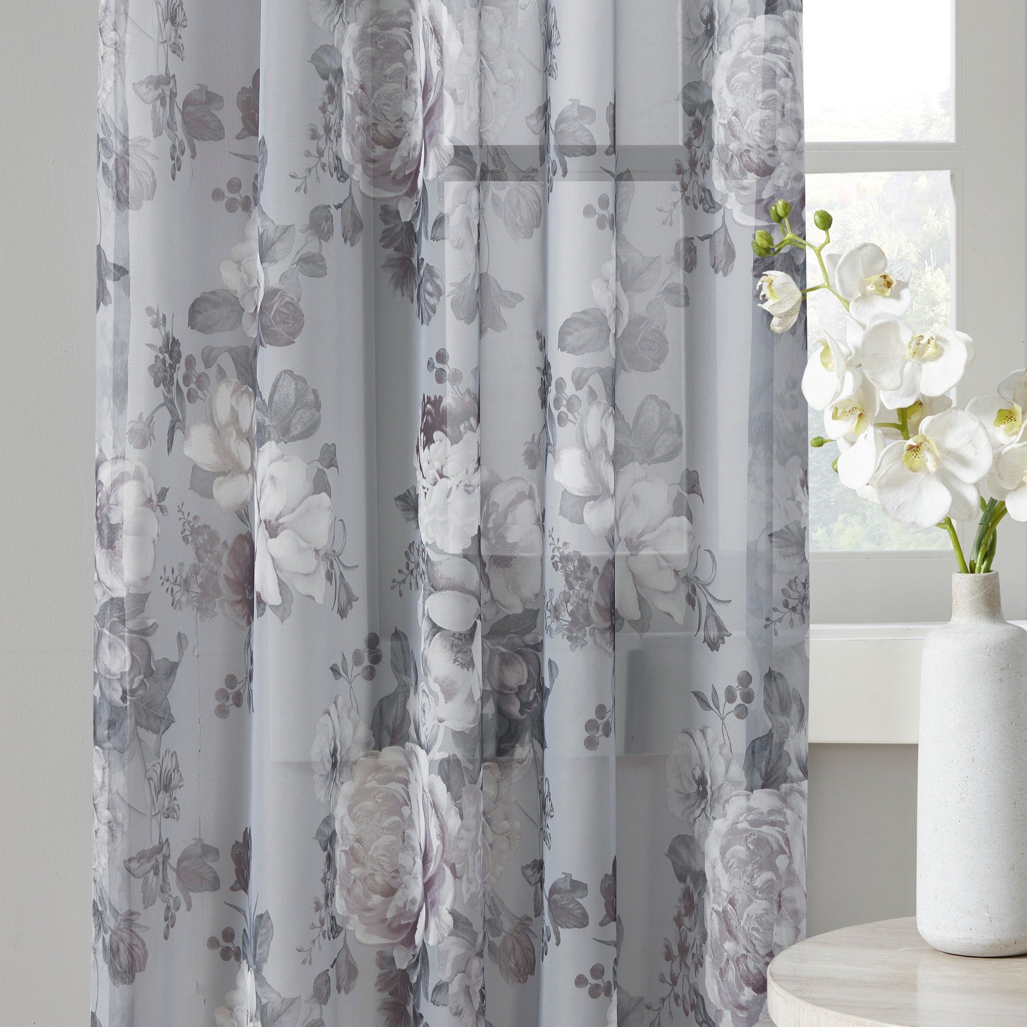 Madison Park Abelia Printed Floral Rod Pocket and Back Tab Voile Sheer Curtain